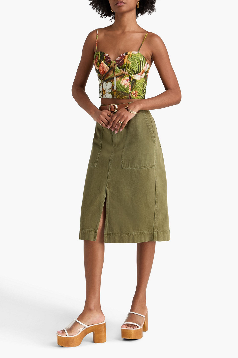  Farm Rio - Cropped Bustier-oberteil Aus Jersey Aus Einer Leinenmischung Mit Floralem Print - Grün - M 