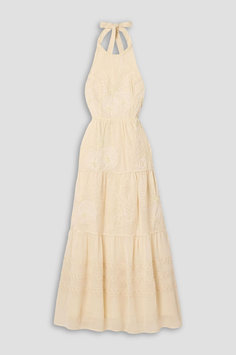 Emporio Sirenuse Sibilla Embellished Embroidered Cotton-mesh Halterneck Maxi Dress In Yellow