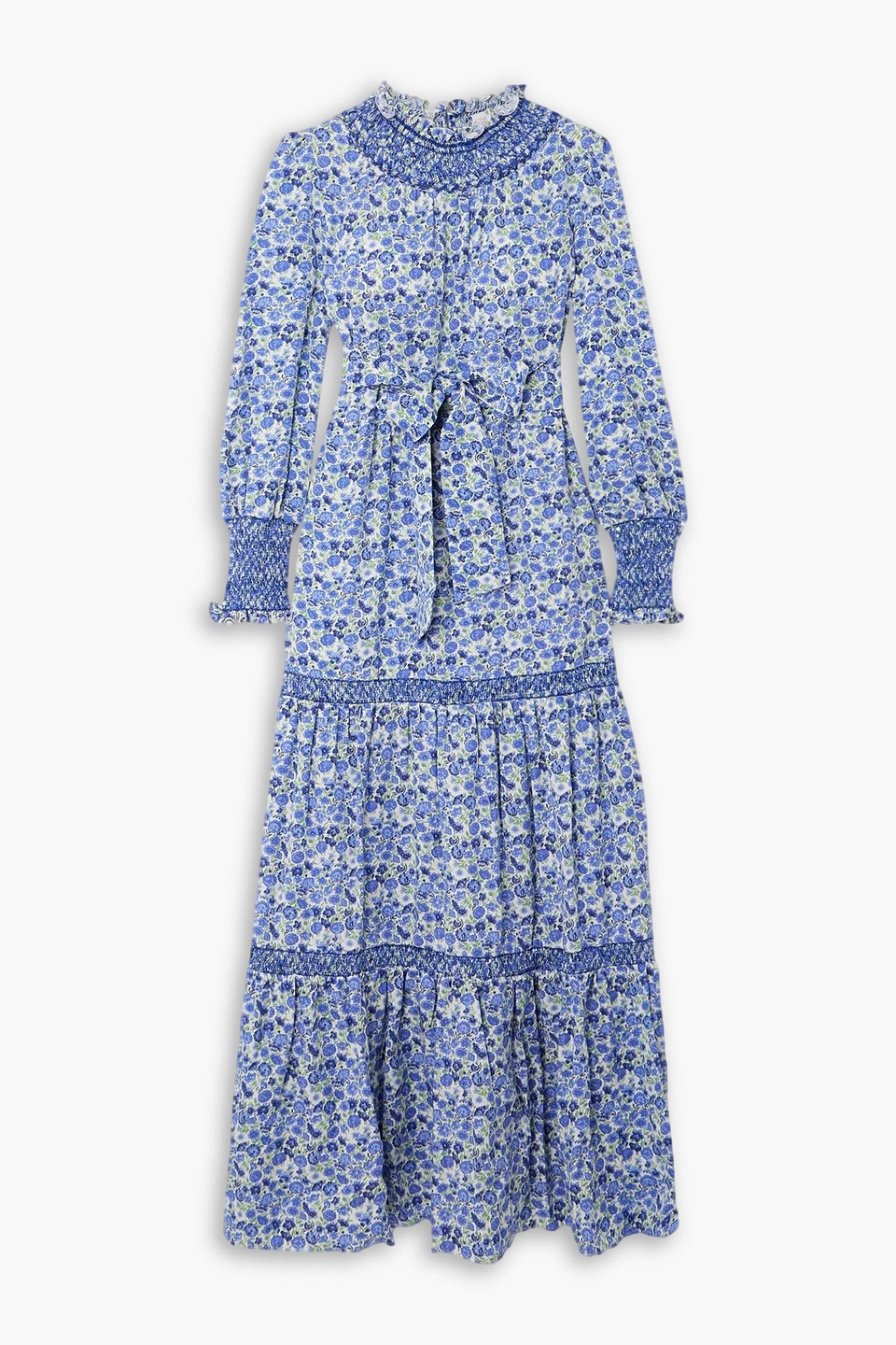 Loretta Caponi Loretta Reed Tiered Floral-print Lyocell Maxi Dress In Blue