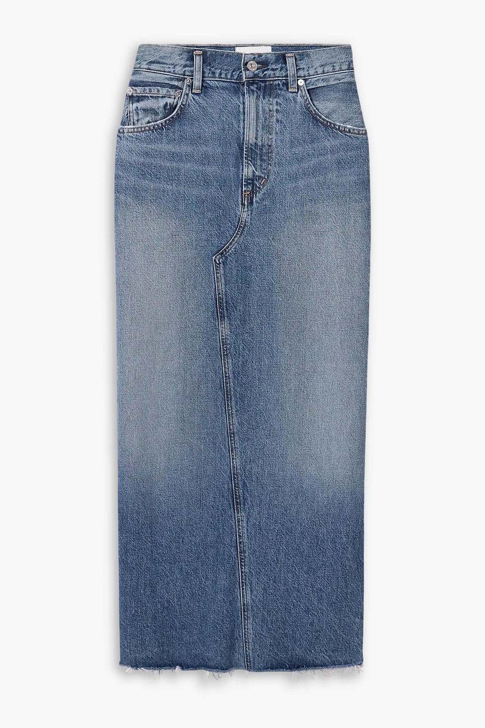 Citizen Of Humanity Circolo Frayed Denim Maxi Skirt In Blue
