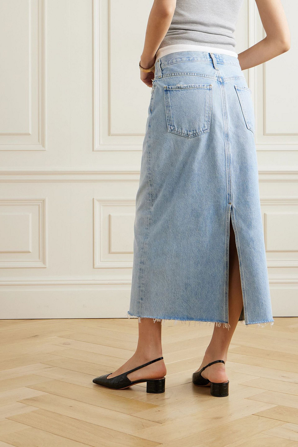 Agolde Della Distressed Denim Midi Skirt In Blue