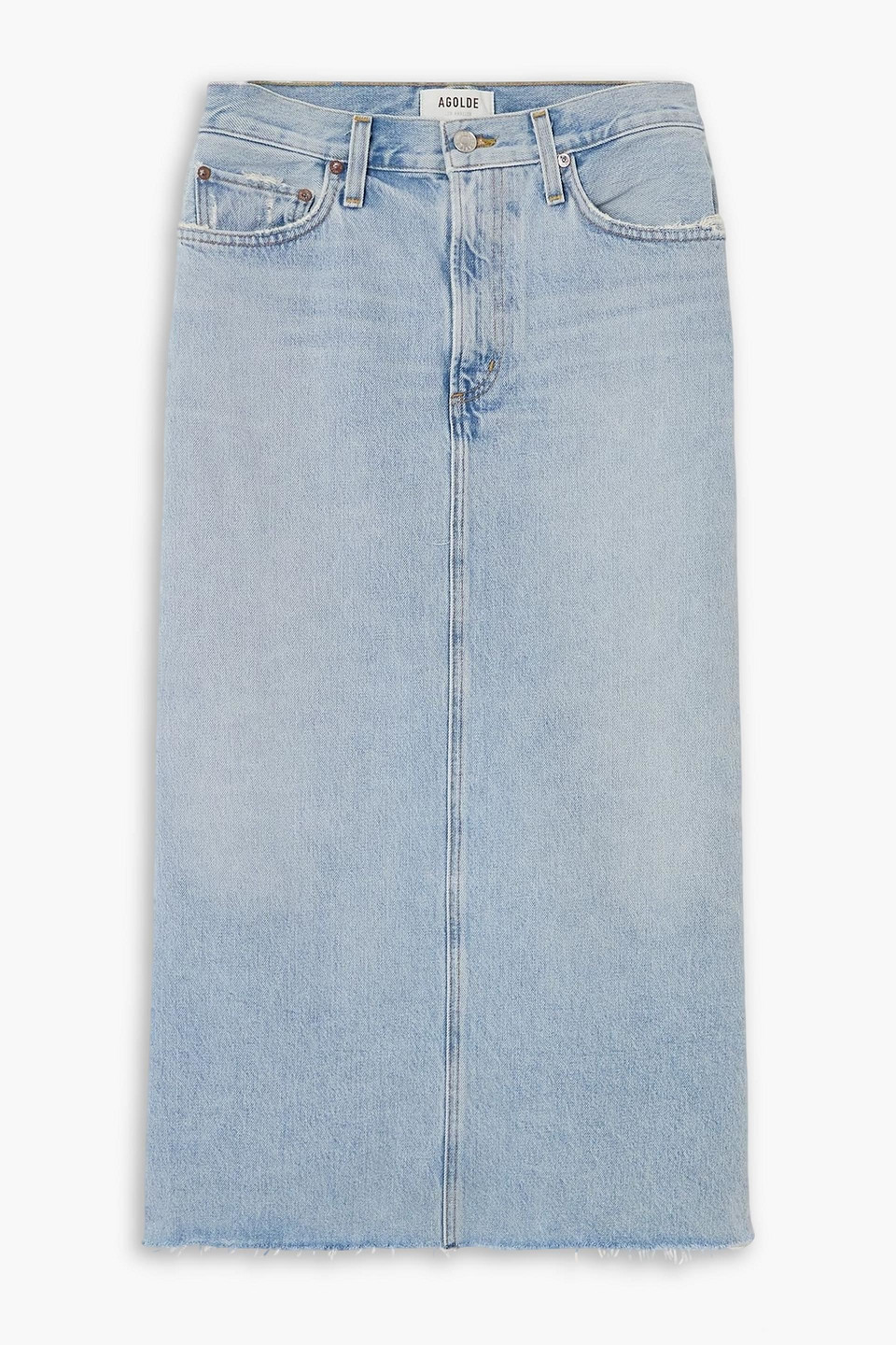 Agolde Della Distressed Denim Midi Skirt In Blue