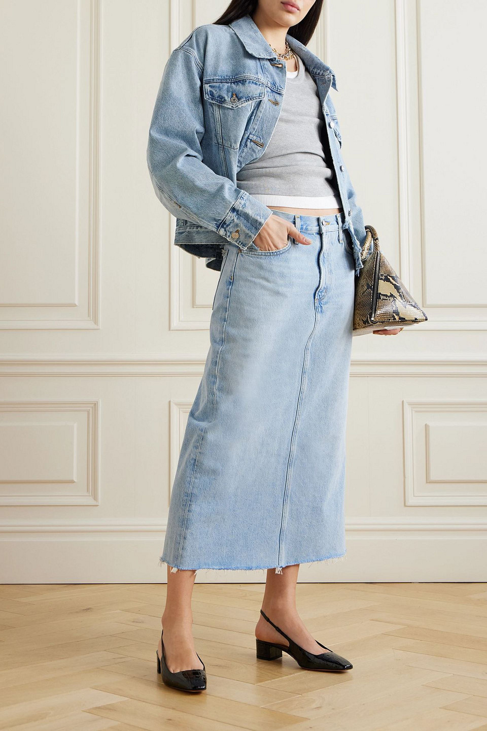 Agolde Della Distressed Denim Midi Skirt In Blue