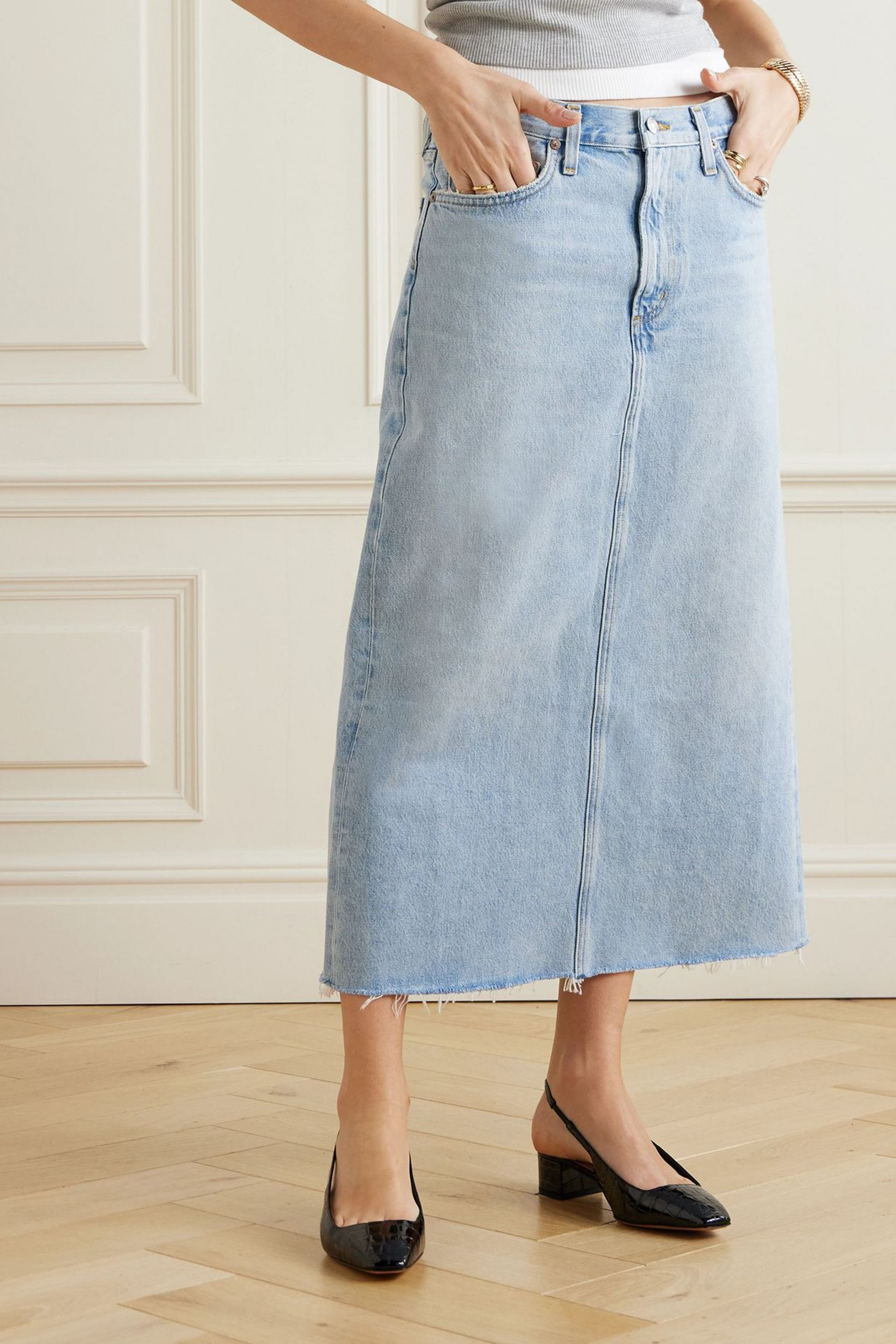 Agolde Della distressed denim midi skirt