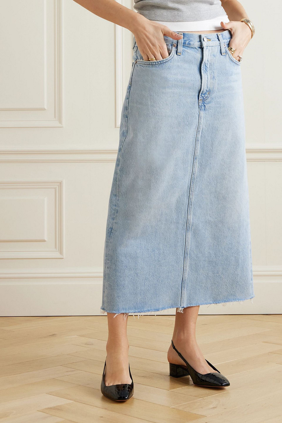 Agolde Della Distressed Denim Midi Skirt In Blue
