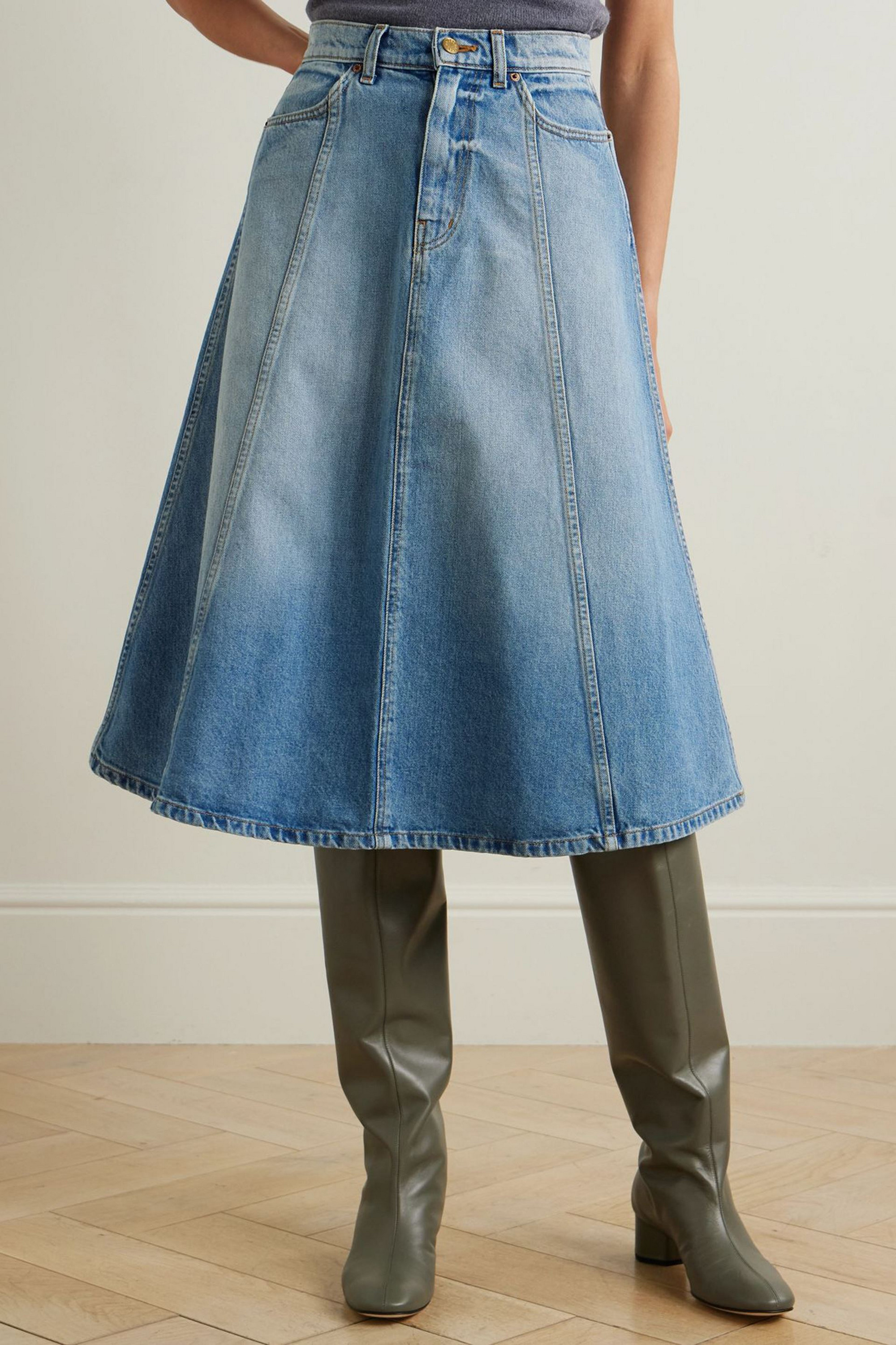 B Sides Simone paneled denim midi skirt