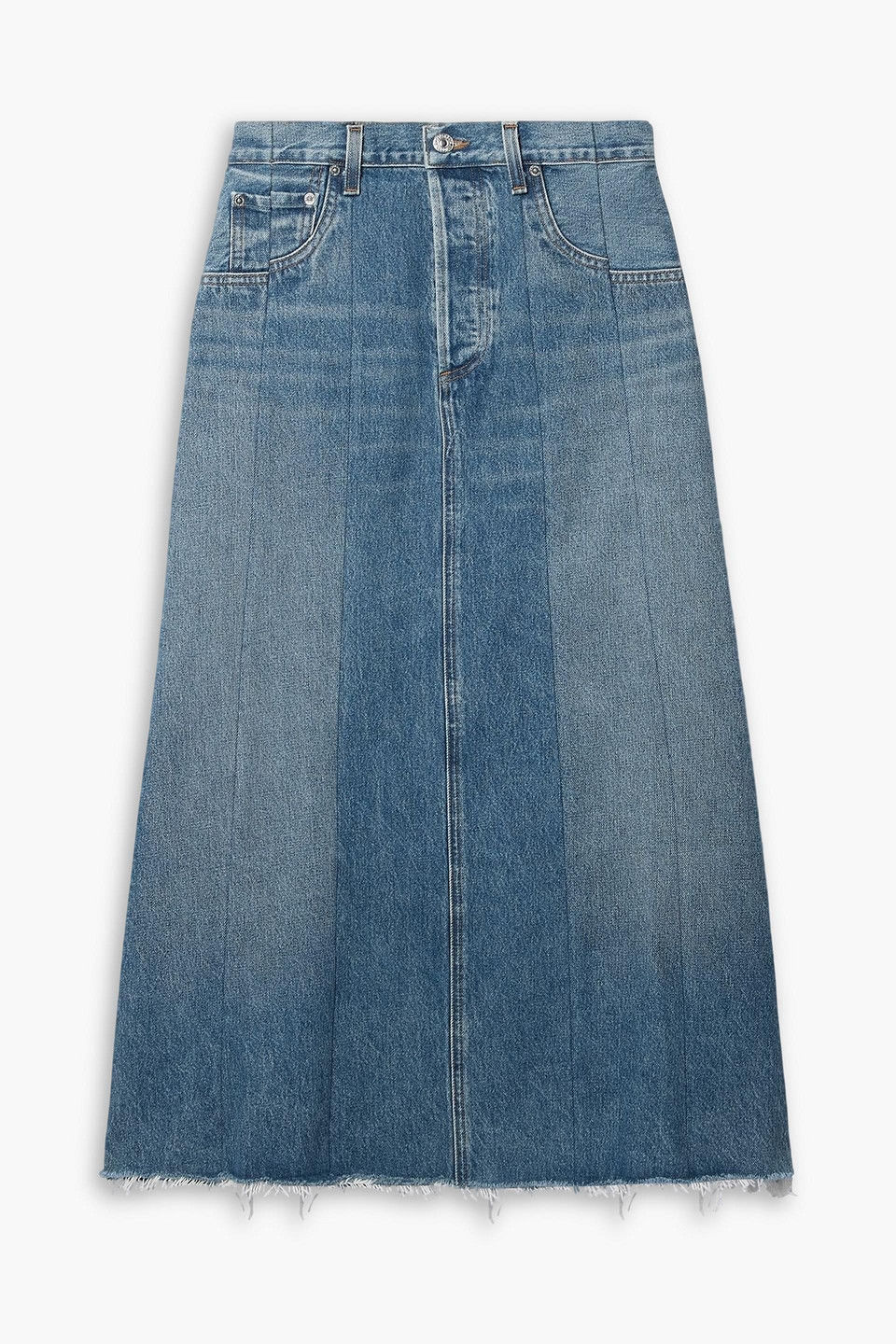 citizens of humanity - raian frayed paneled organic denim midi skirt - blue - 24