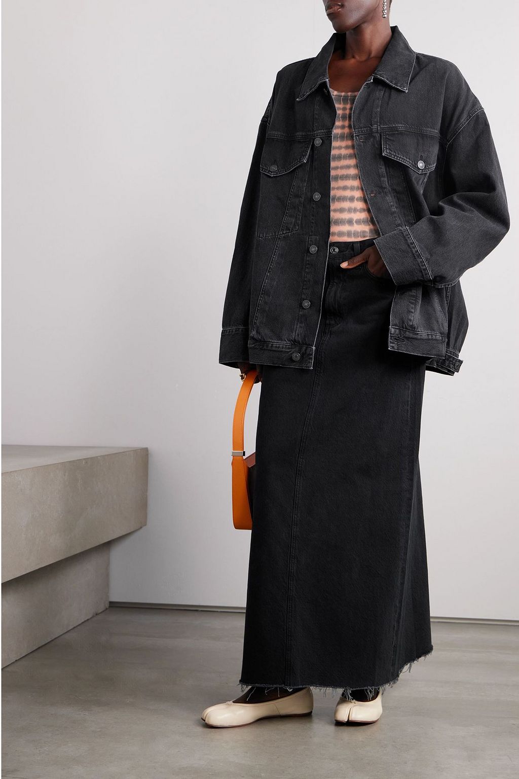 AGOLDE Hilla distressed organic denim maxi skirt | THE OUTNET
