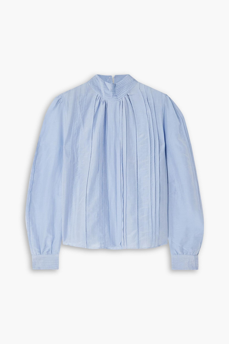 Thierry Colson Teresa Pintucked Cotton And Silk-blend Voile Turtleneck Blouse In Blue