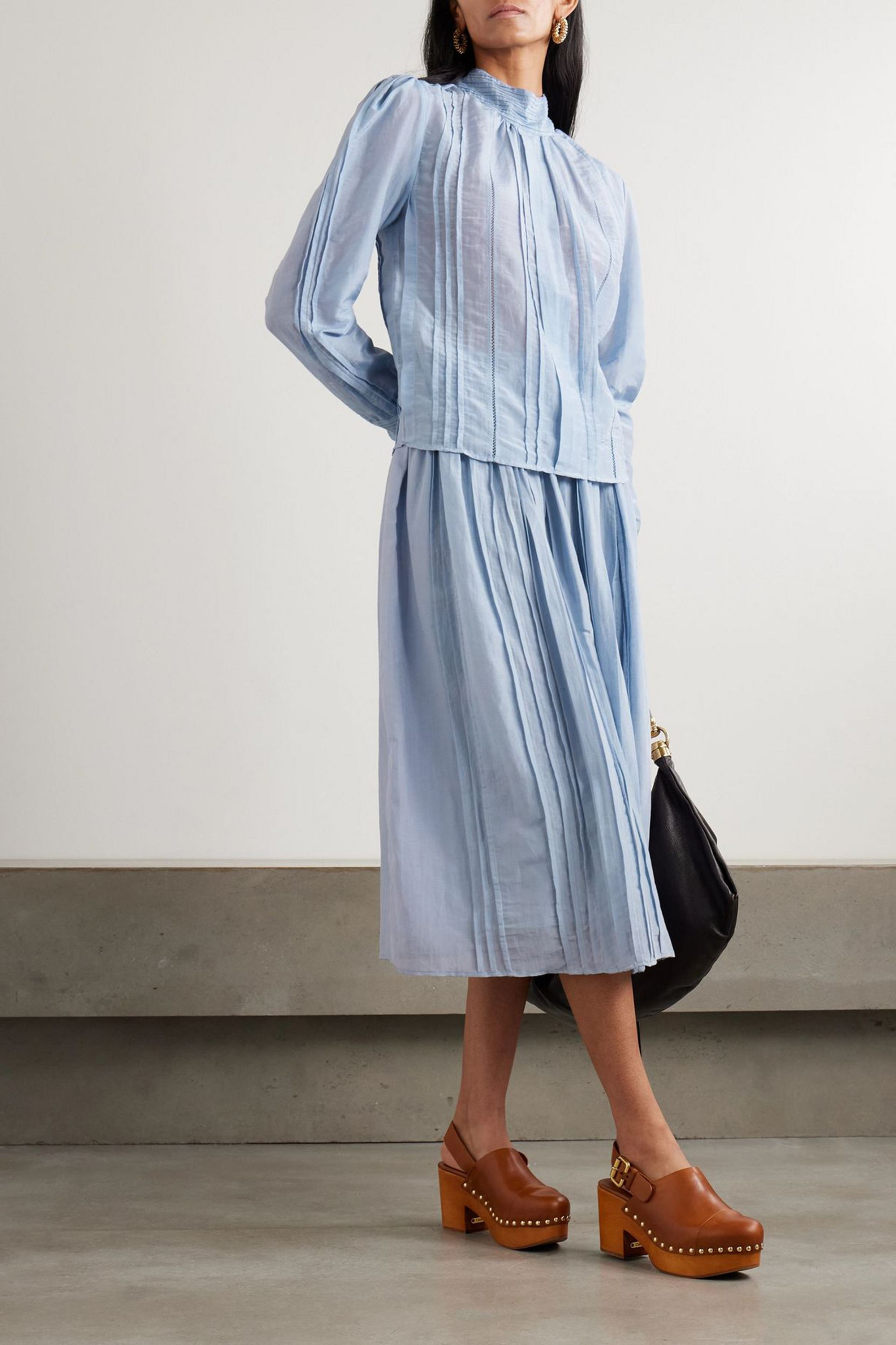 THIERRY COLSON Teresa pintucked cotton and silk-blend voile turtleneck blouse