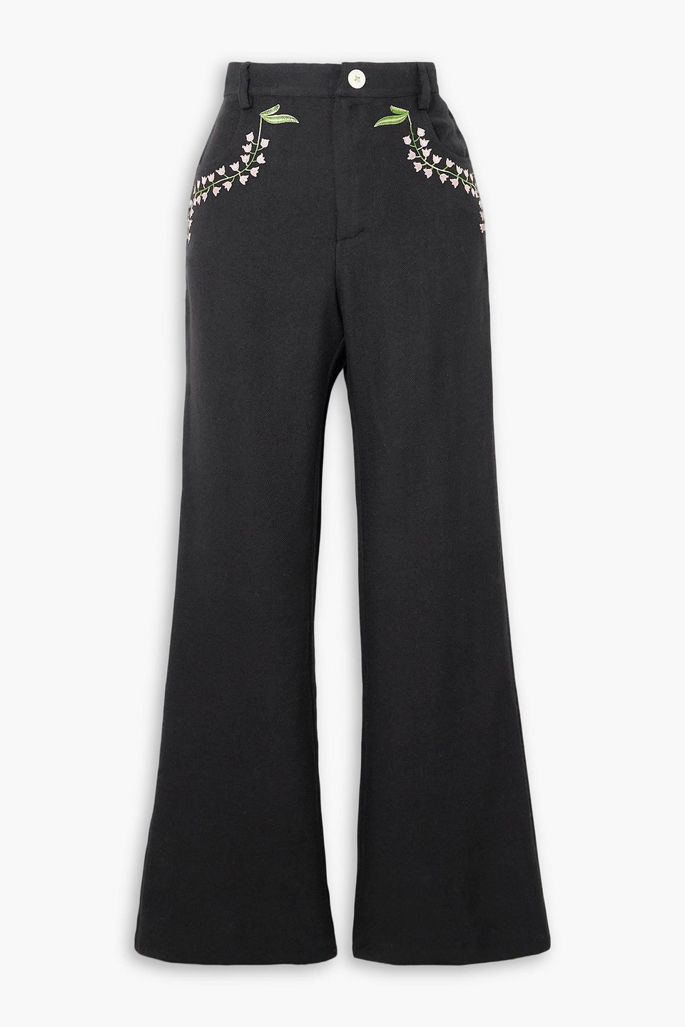Alix Of Bohemia Bunny Embroidered Wool-twill Flared Pants In Black