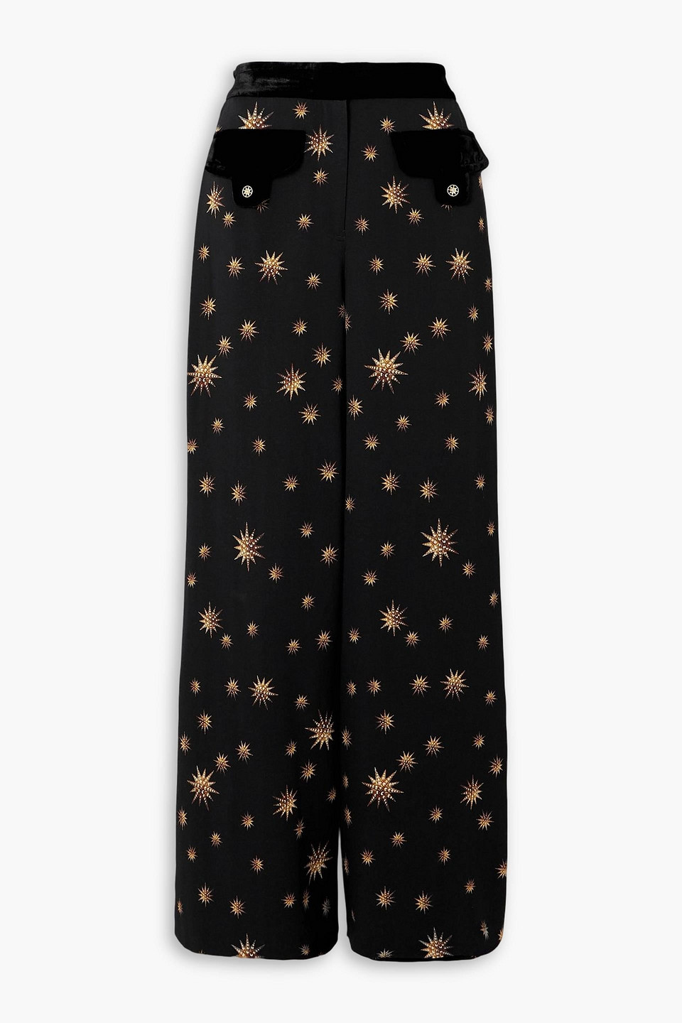 Camilla Velvet-trimmed Printed Woven Flared Pants In Black