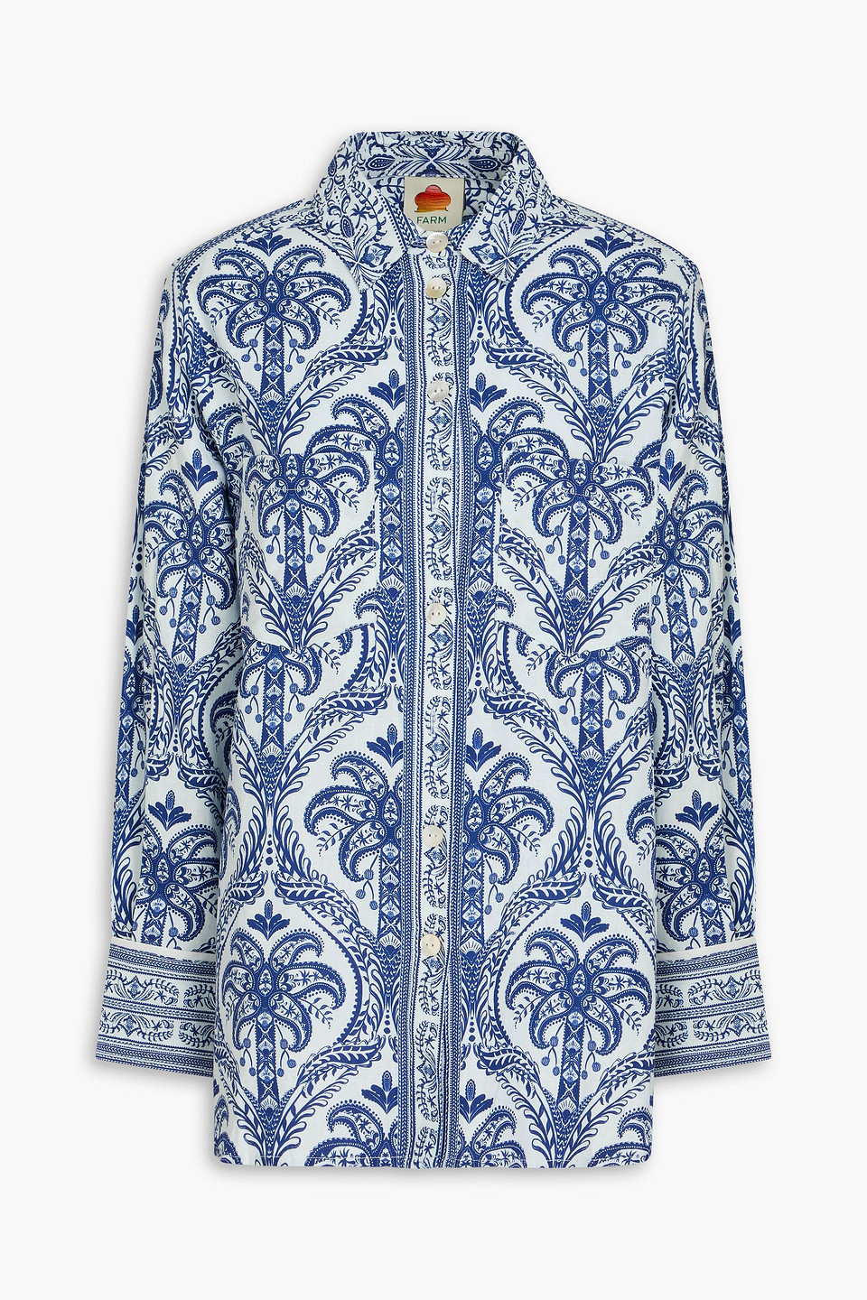 farm rio - printed linen-blend shirt - blue - xs