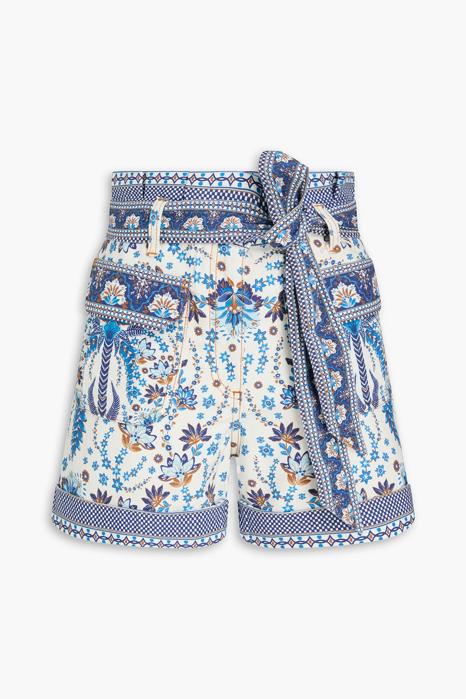farm rio - belted printed cotton-twill shorts - blue - 33