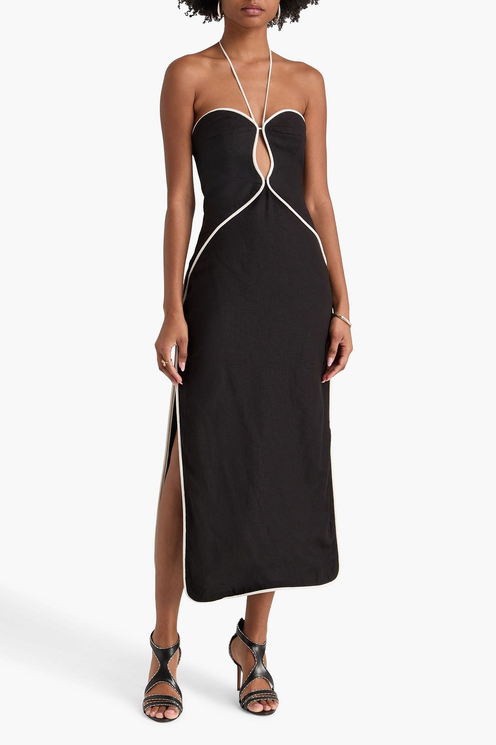 FARM RIO Cutout linen-blend halterneck midi dress | THE OUTNET