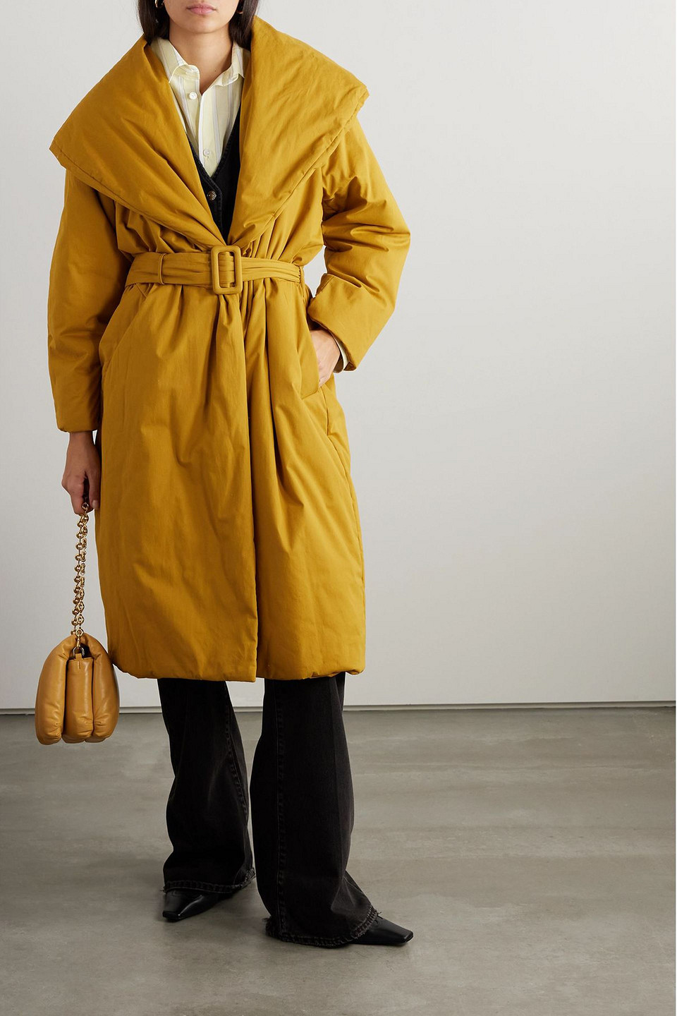 Another Tomorrow Wrap-design Belted Puffer Jackets In Goldenrod