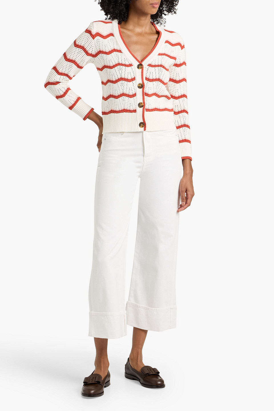  Veronica Beard - Gestreifter Cardigan „ansonia“ Aus Einer Baumwollmischung In Pointelle-strick - Weiß - Xs 