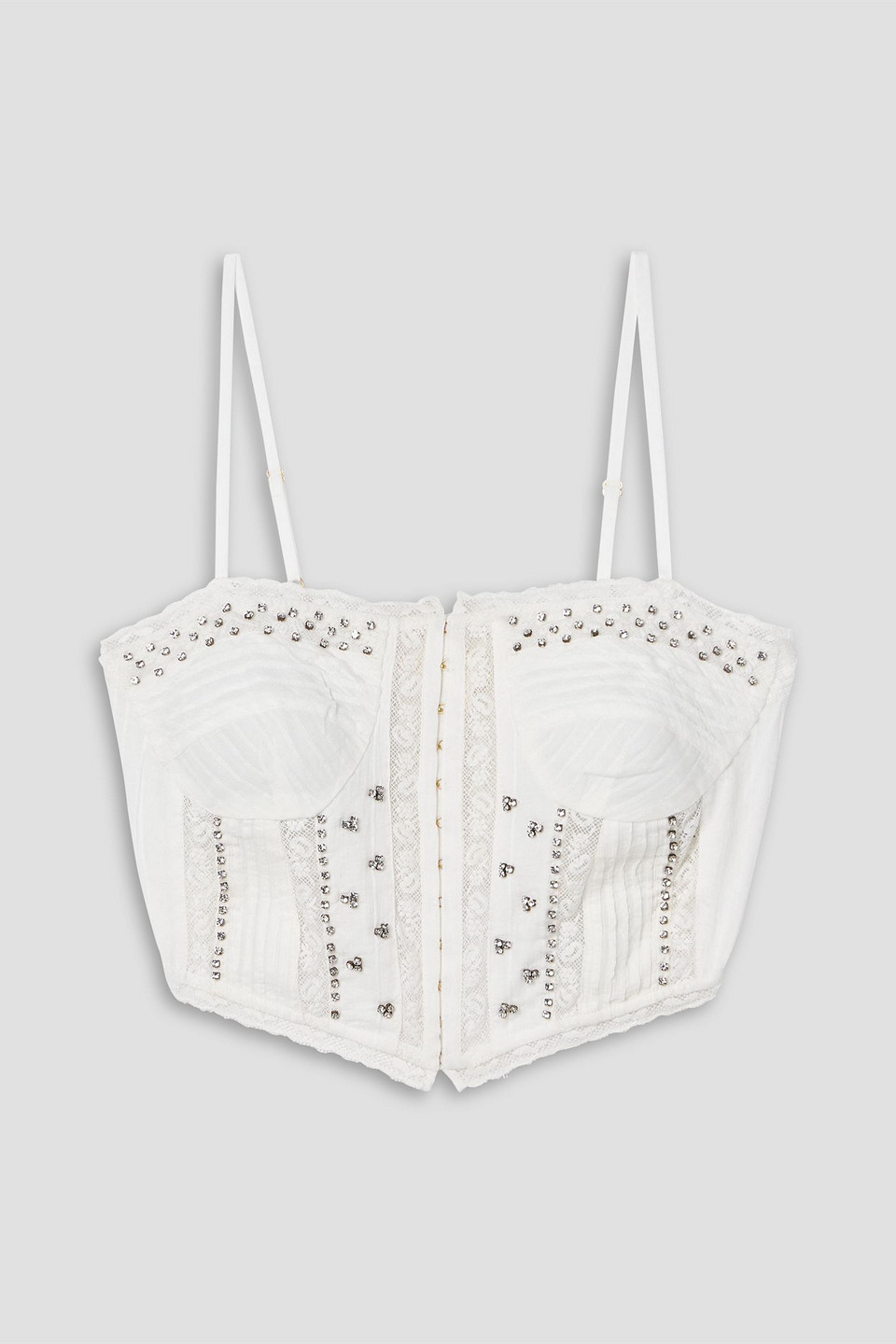Loveshackfancy Rosabella Cropped Lace-trimmed Crystal-embellished Cotton-voile Top In White