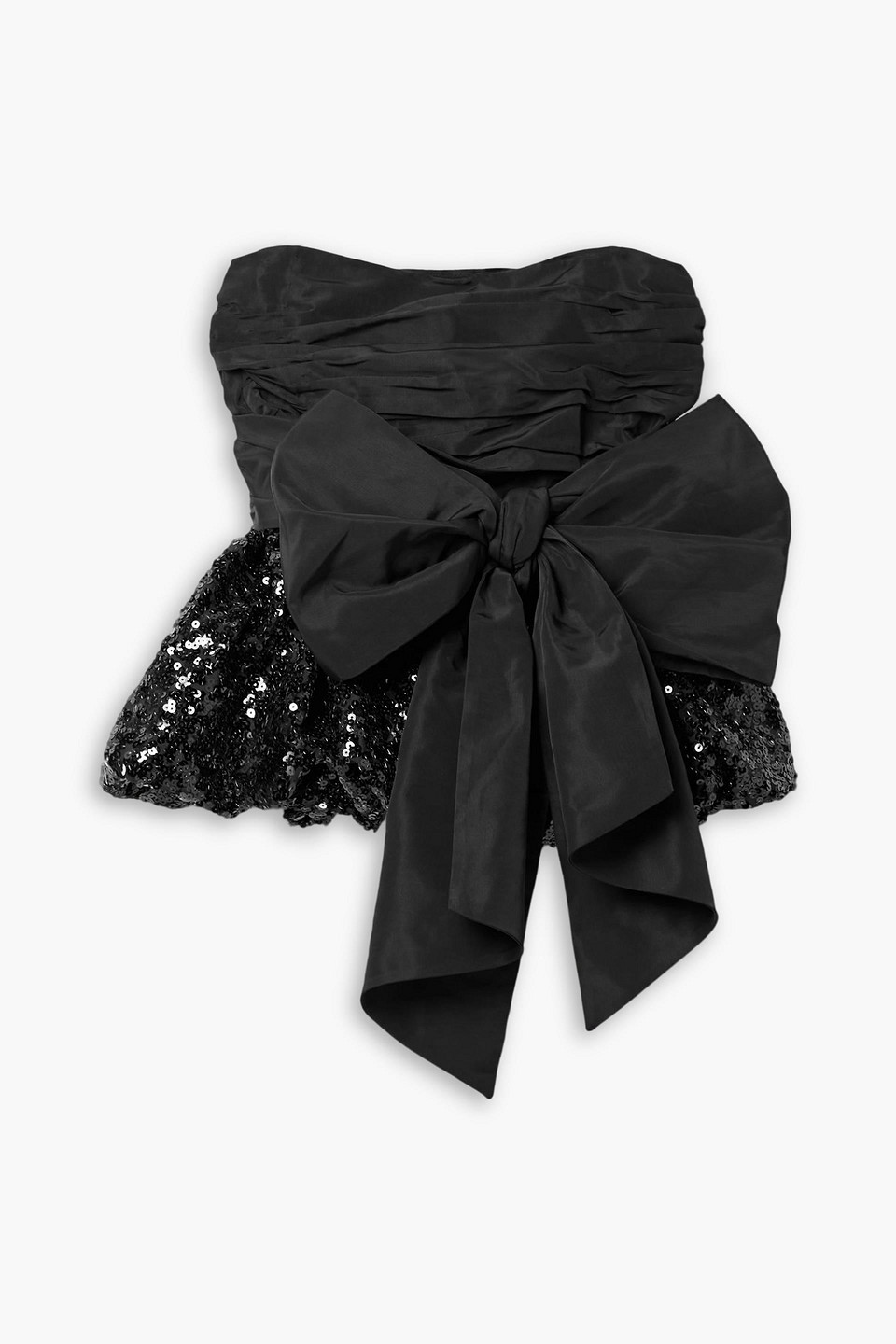 Loveshackfancy Jardena Bow-embellished Ruched Taffeta And Sequined Crepe Top In Black