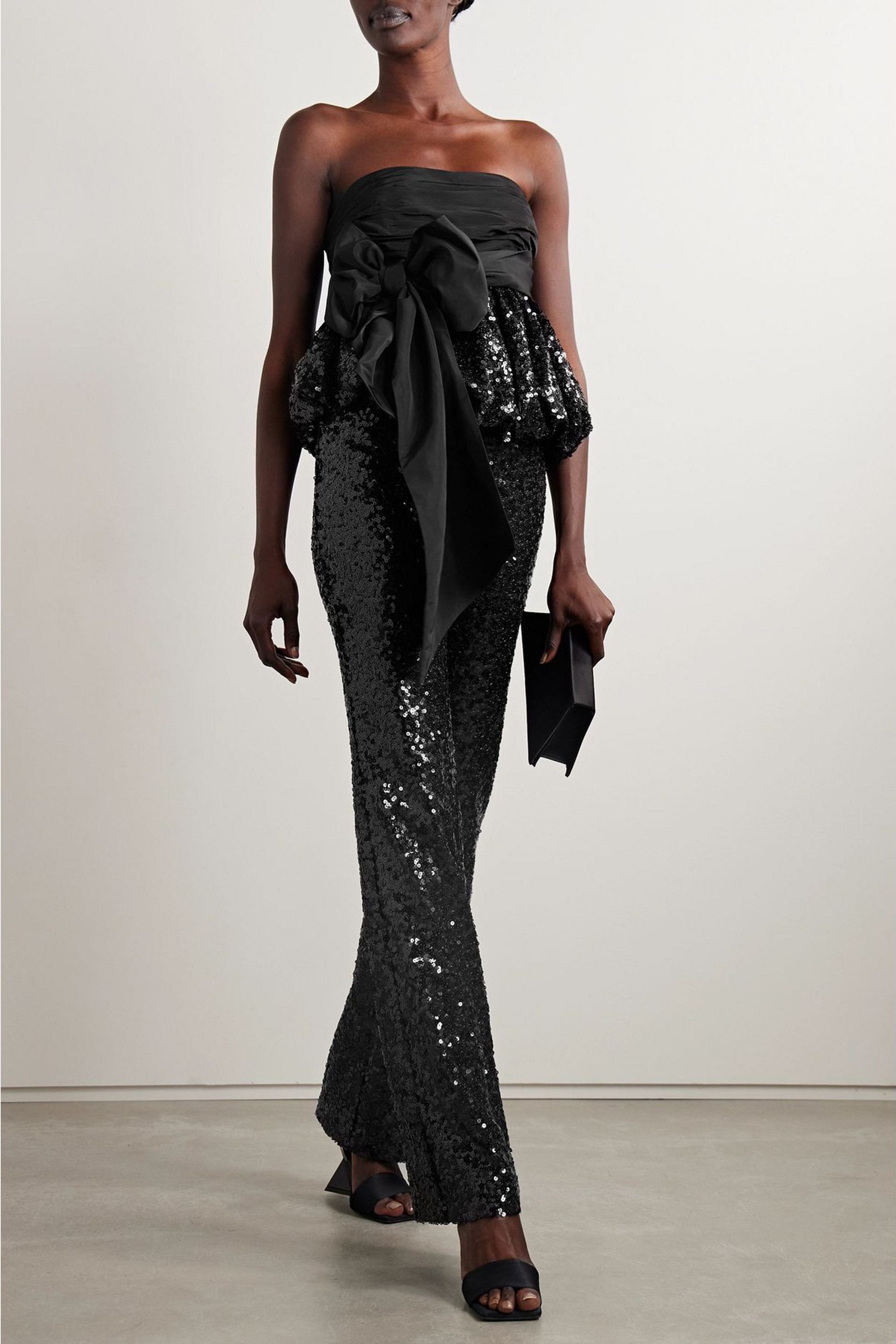 LoveShackFancy Jardena bow-embellished ruched taffeta and sequined crepe top