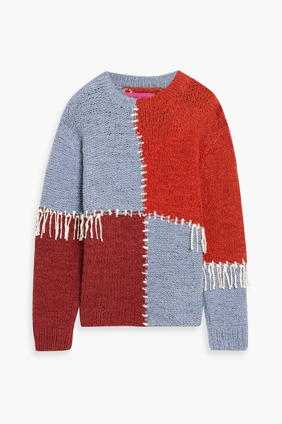 the elder statesman - fringed patchwork bouclé-knit cotton sweater - blue - m