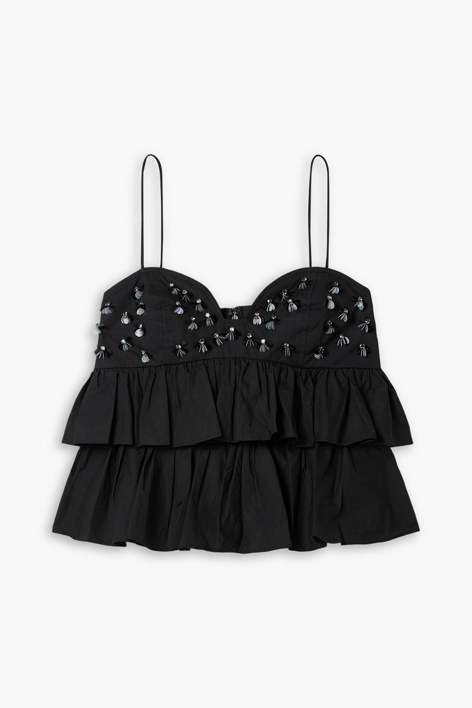 Ulla Johnson Lucia Cropped Embellished Ruffled Cotton-poplin Top In Black