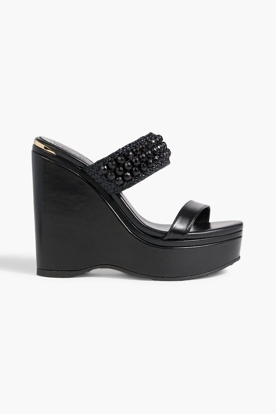 jimmy choo - amoure 130 bead-embellished raffia and leather wedge sandals - black - eu 38.5