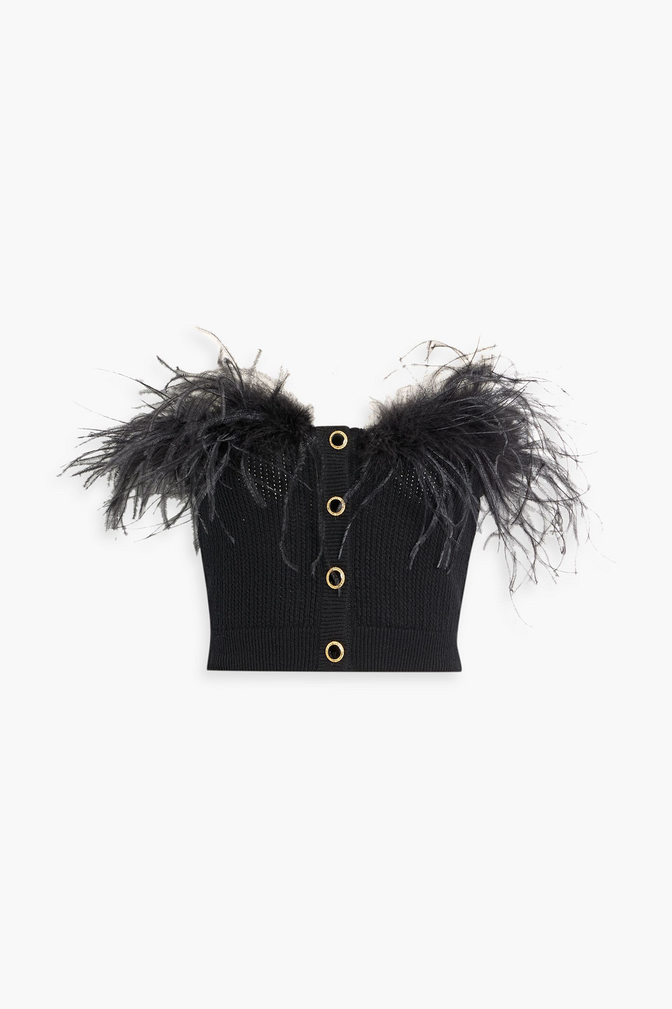 Alessandra Rich Strapless Feather-embellished Ribbed Wool Top In Black