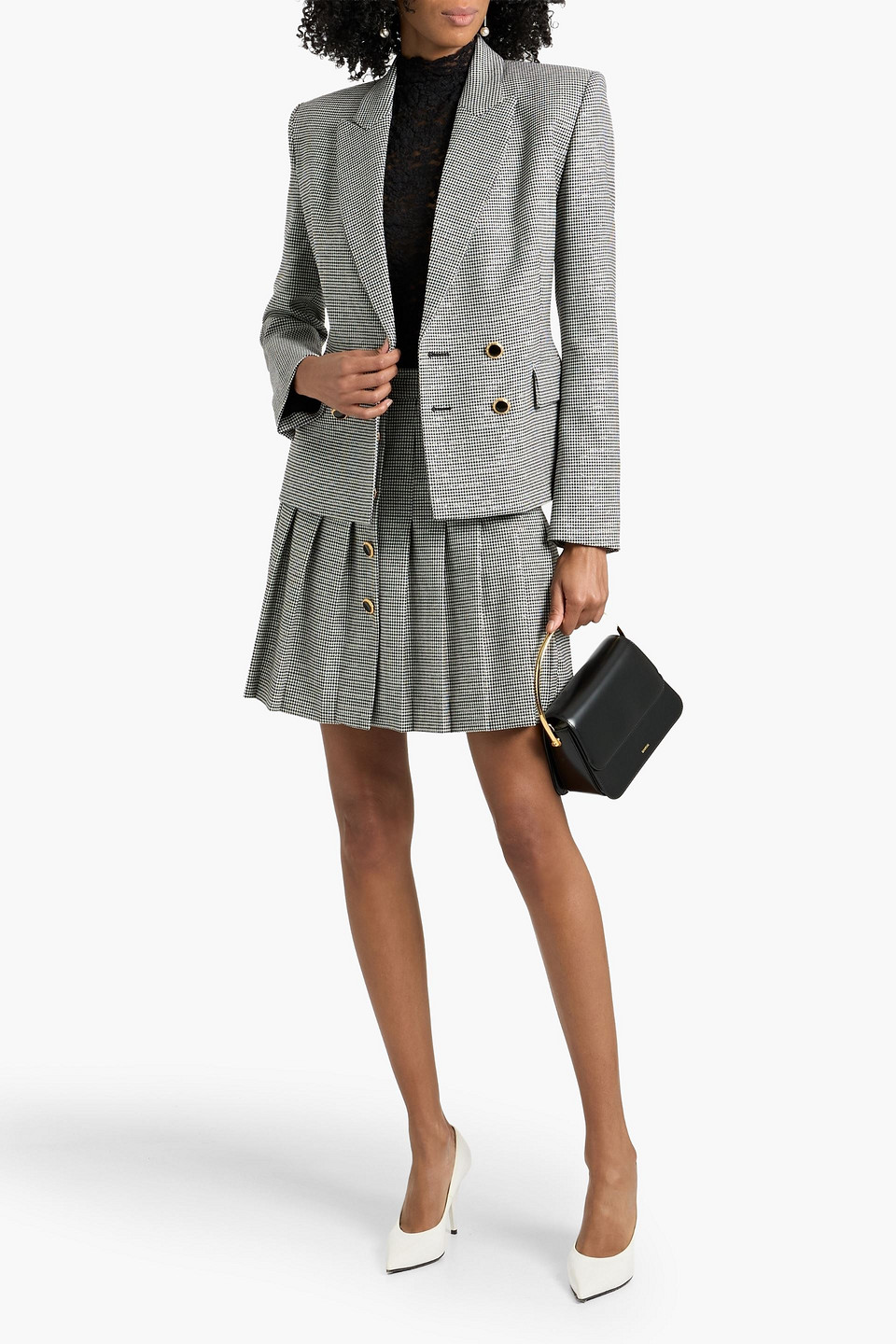 Alessandra Rich Double-breasted Metallic Houndstooth Wool-blend Blazer In Gray
