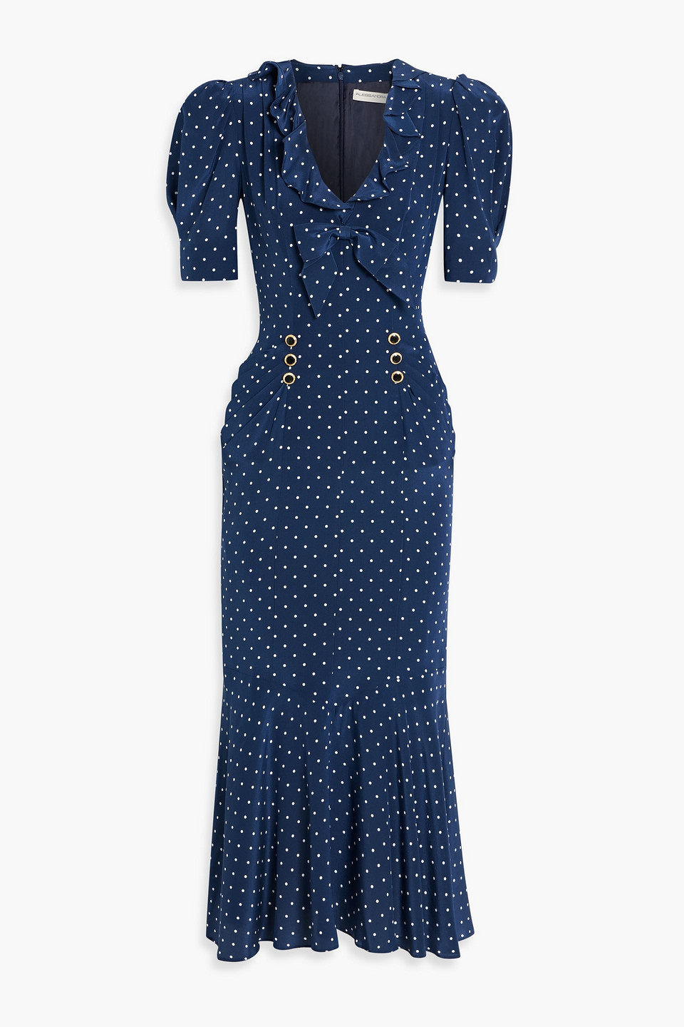 Alessandra Rich Pleated Polka-dot Silk-chiffon Midi Dress In Blue