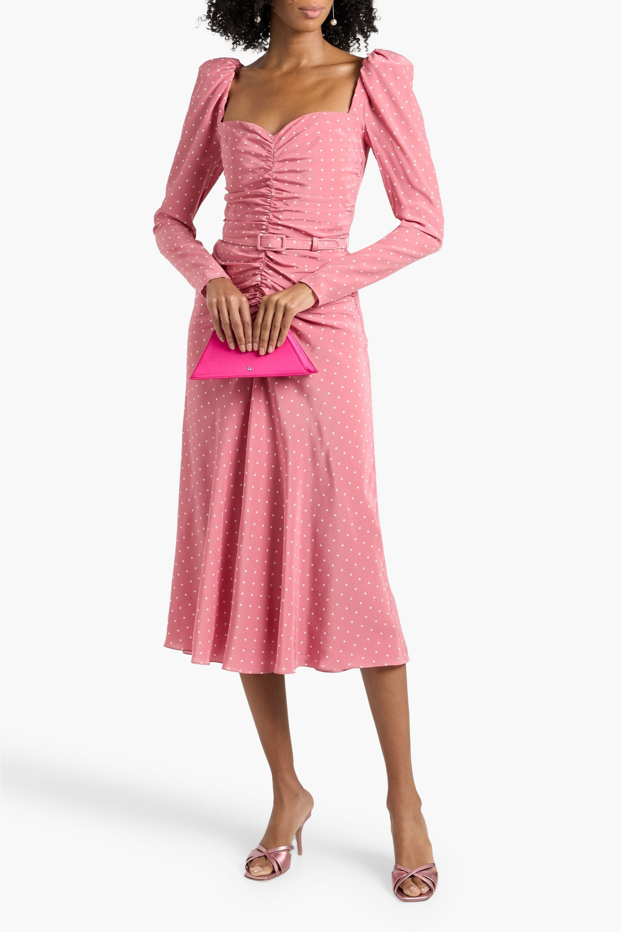 Alessandra Rich Belted polka-dot silk crepe de chine midi dress
