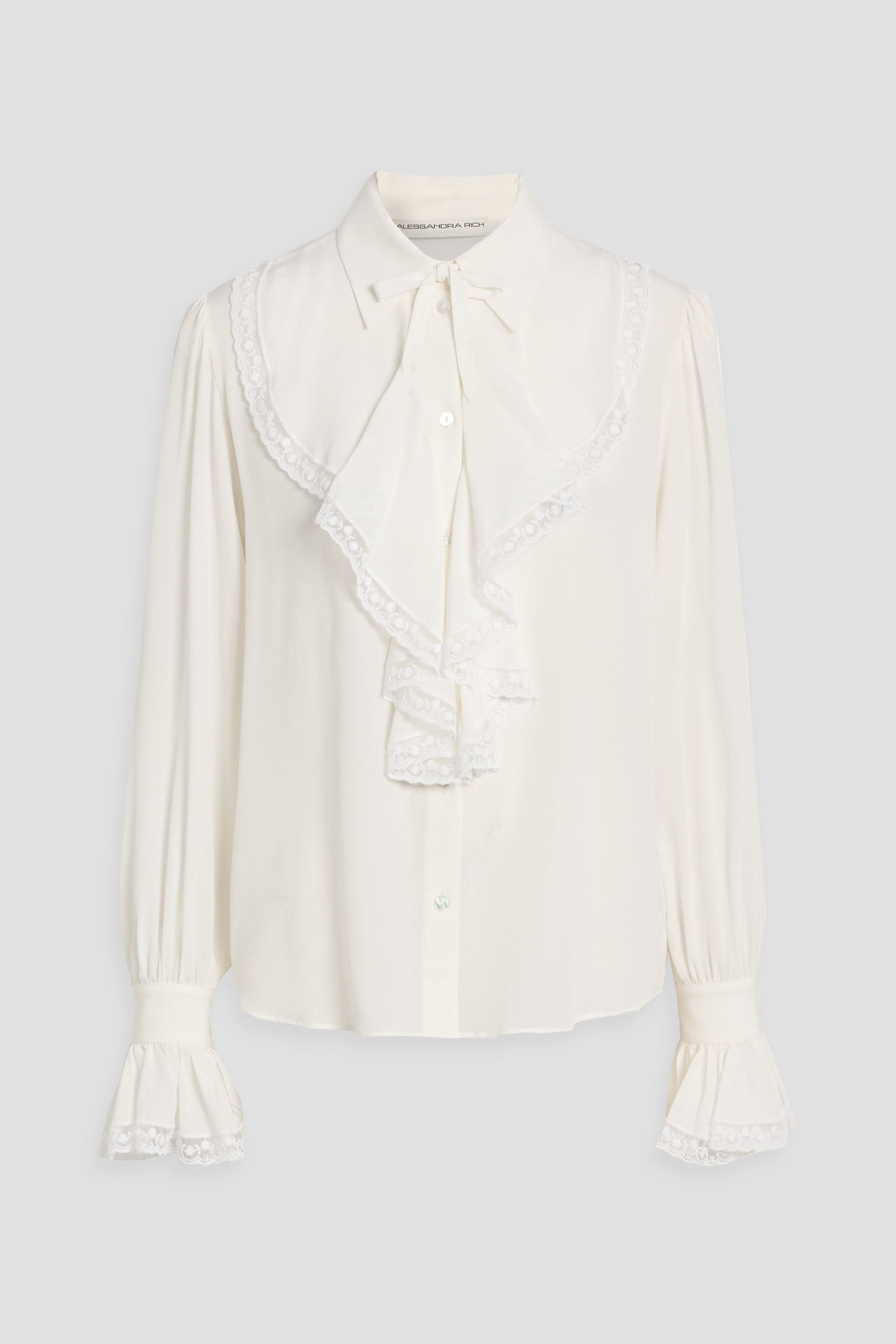 Alessandra Rich Lace-trimmed pussy-bow silk crepe de chine blouse thumbnail
