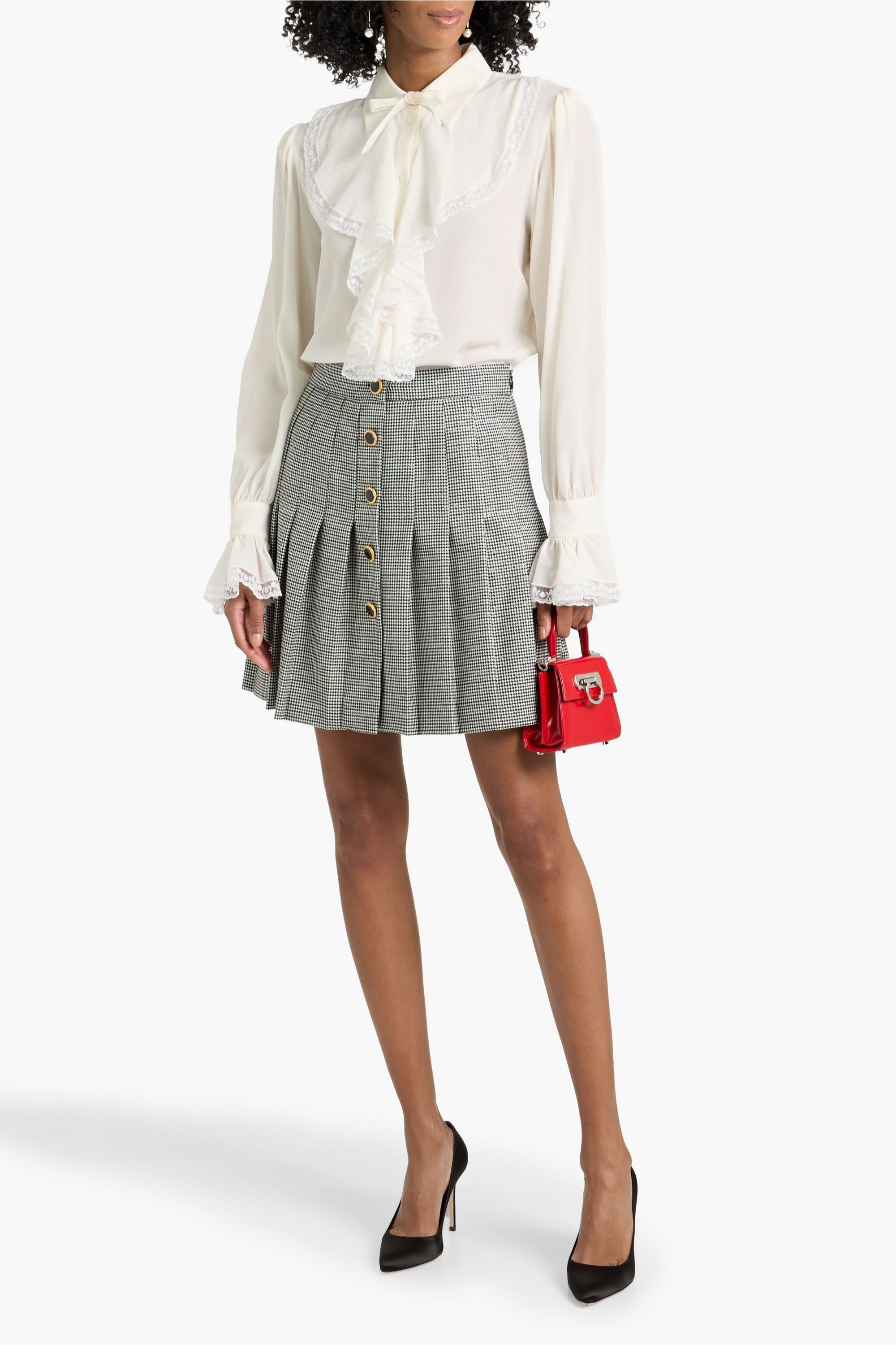 Alessandra Rich Lace-trimmed pussy-bow silk crepe de chine blouse