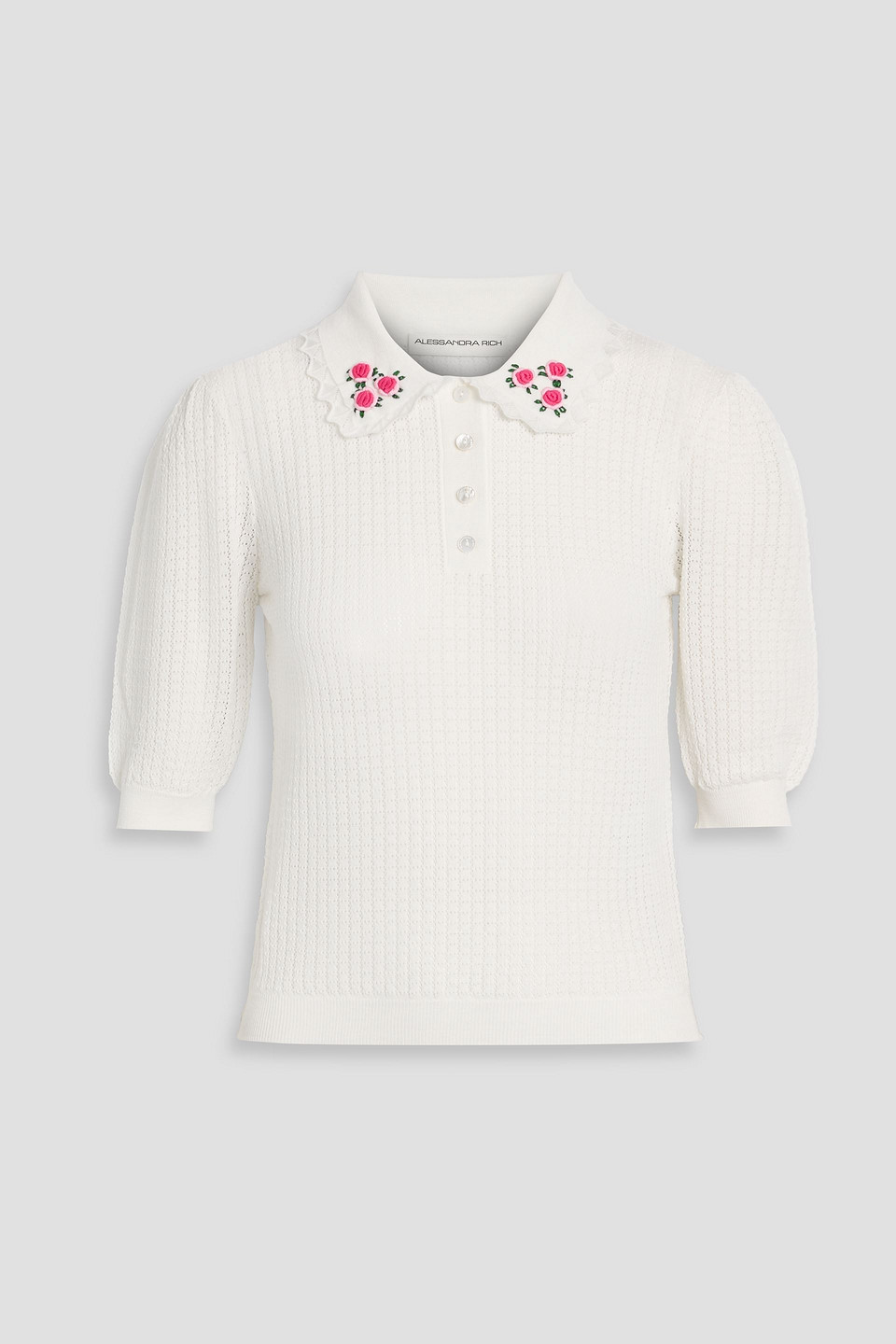 Alessandra Rich Floral-appliquéd Pointelle-knit Wool Polo Sweater In White