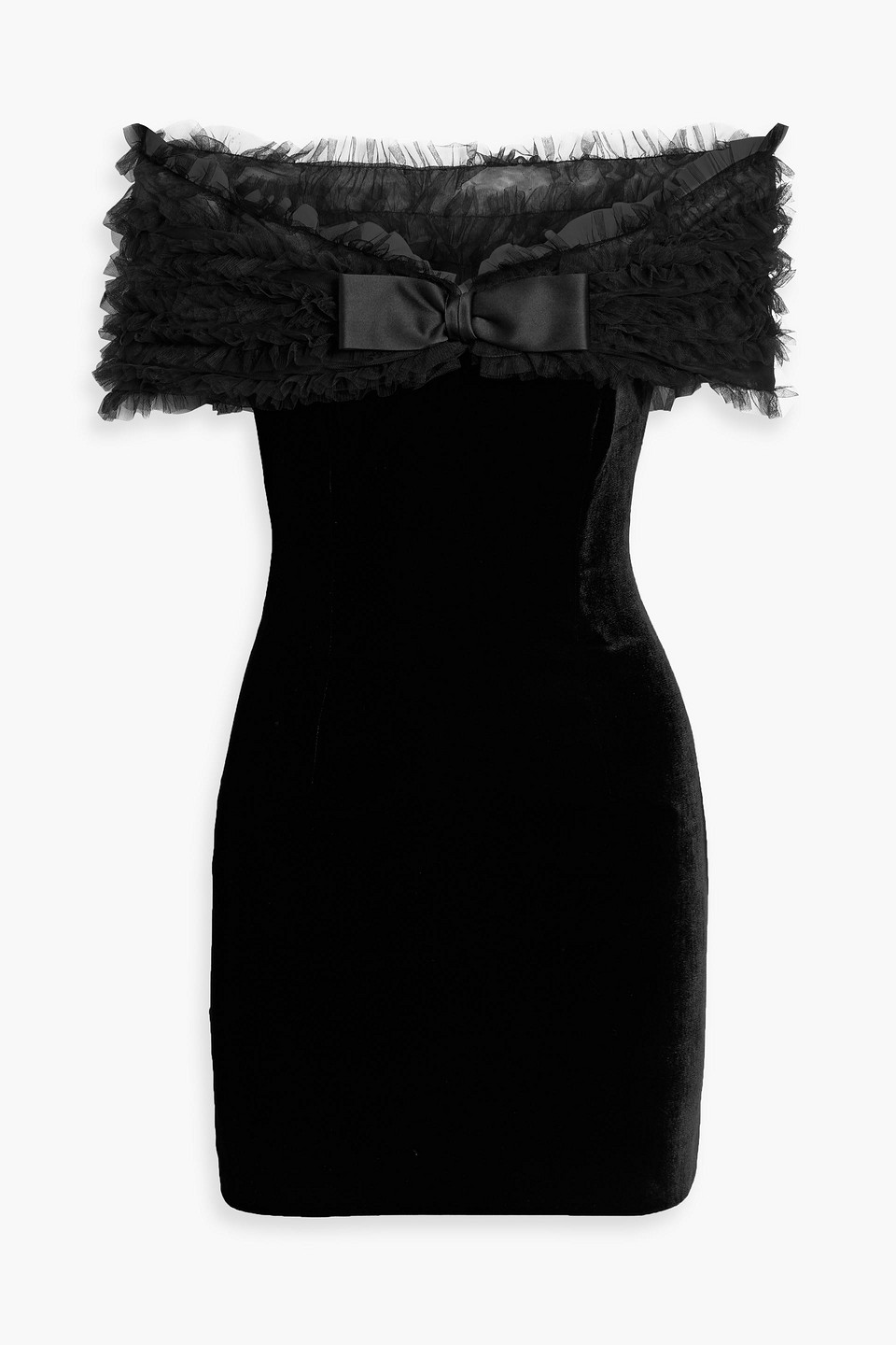 Alessandra Rich Off-the-shoulder Tulle-trimmed Velvet Mini Dress In Black