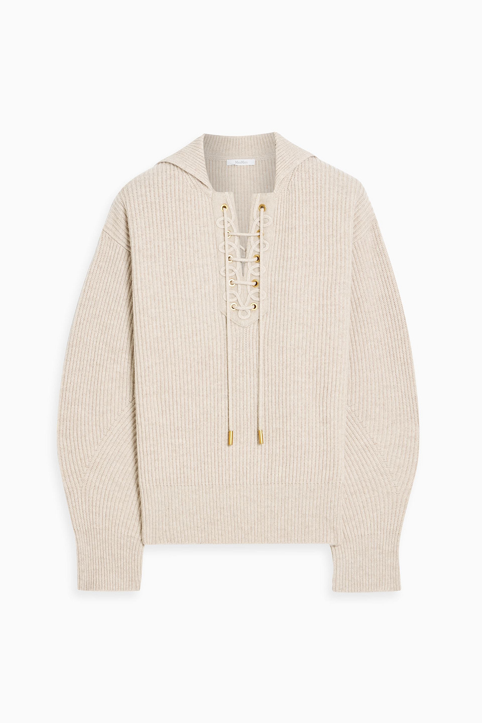Max Mara Lace-up Ribbed Wool And Cashmere-blend Sweater In Neutral