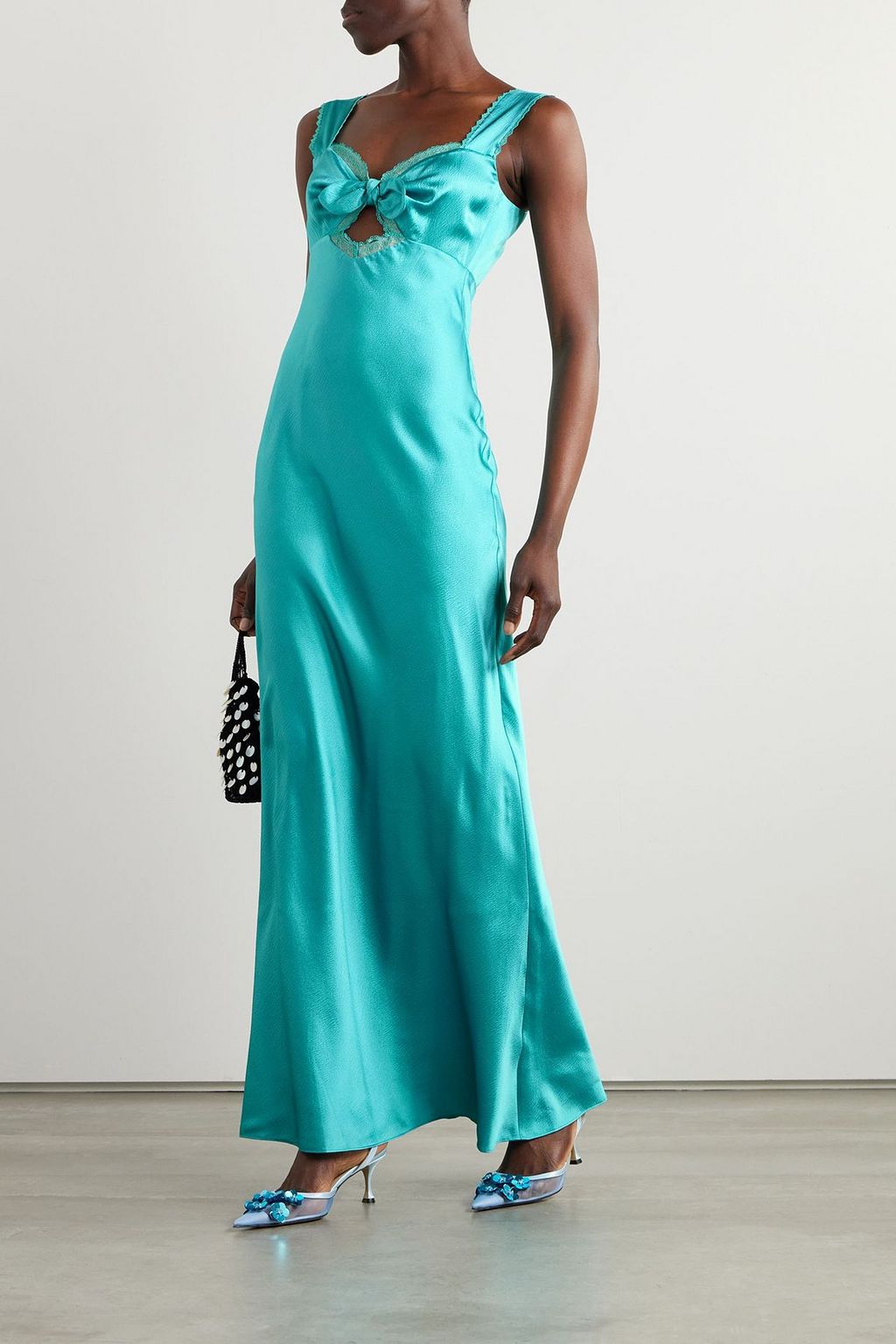 saloni silk dress Lina cutout lace-trimmed silk-crepe maxi dress - turquoise
