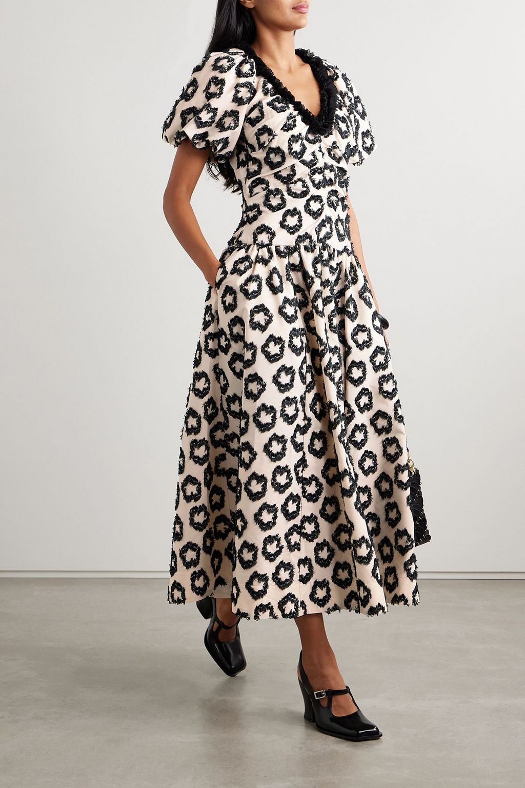 violeta chiffon sleeve crepe midi dress Violeta chiffon-trimmed ruched fil coupé recycled-faille midi dress - black