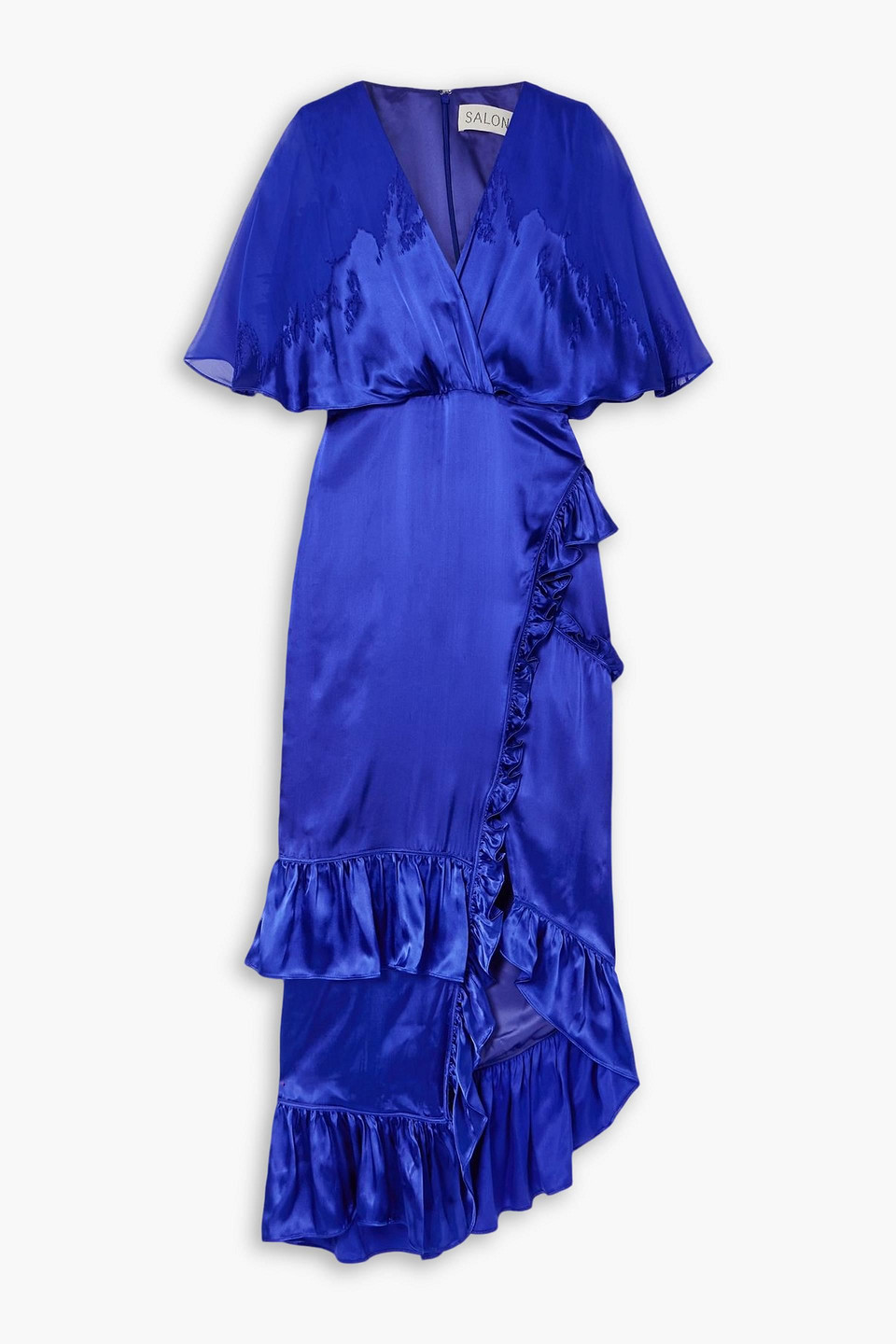 Saloni Rose Ruffled Wrap-effect Devoré Satin And Chiffon Maxi Dress In Blue