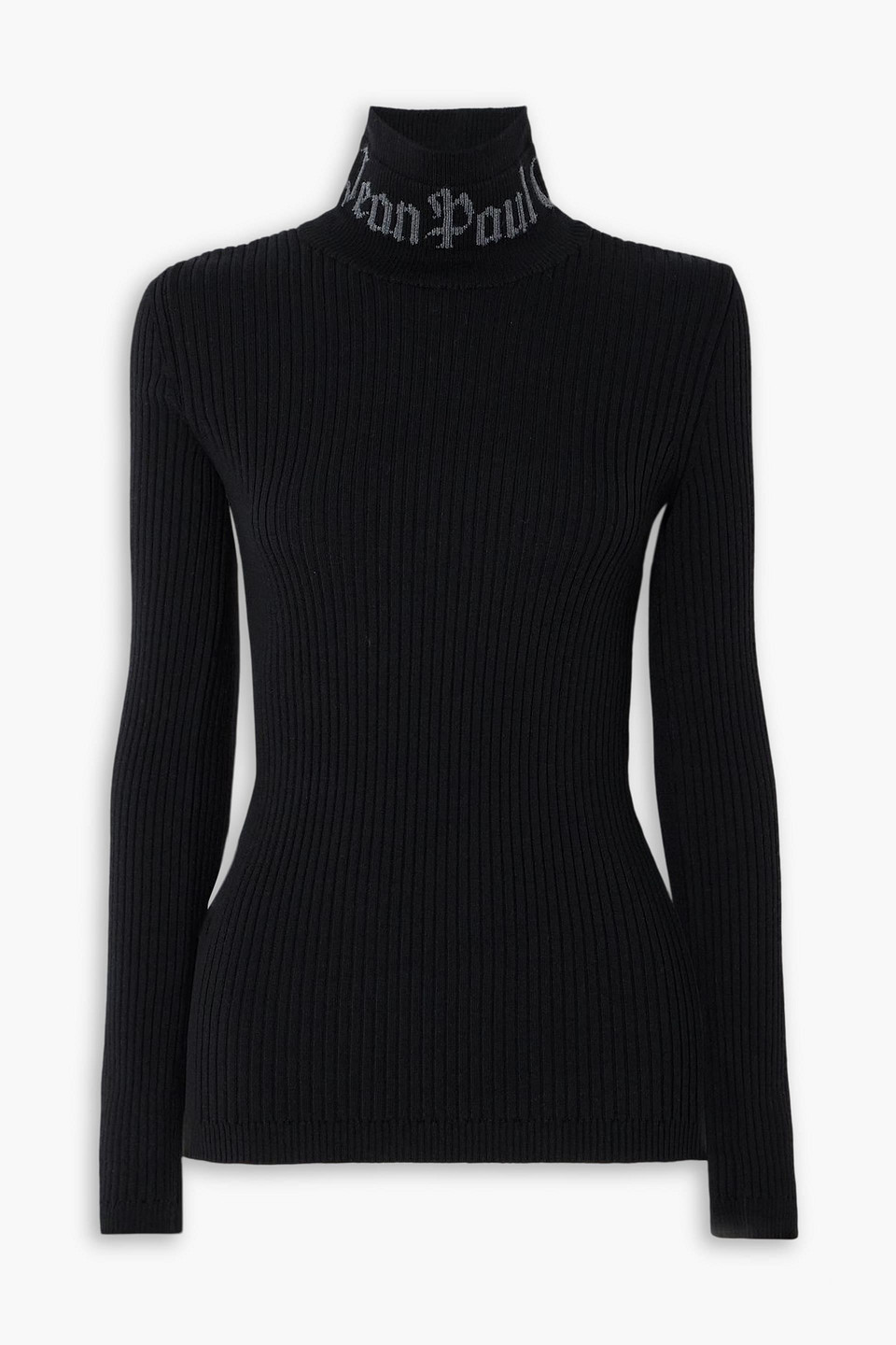 jean paul gaultier - ribbed merino wool-blend jacquard turtleneck top - black - xxs