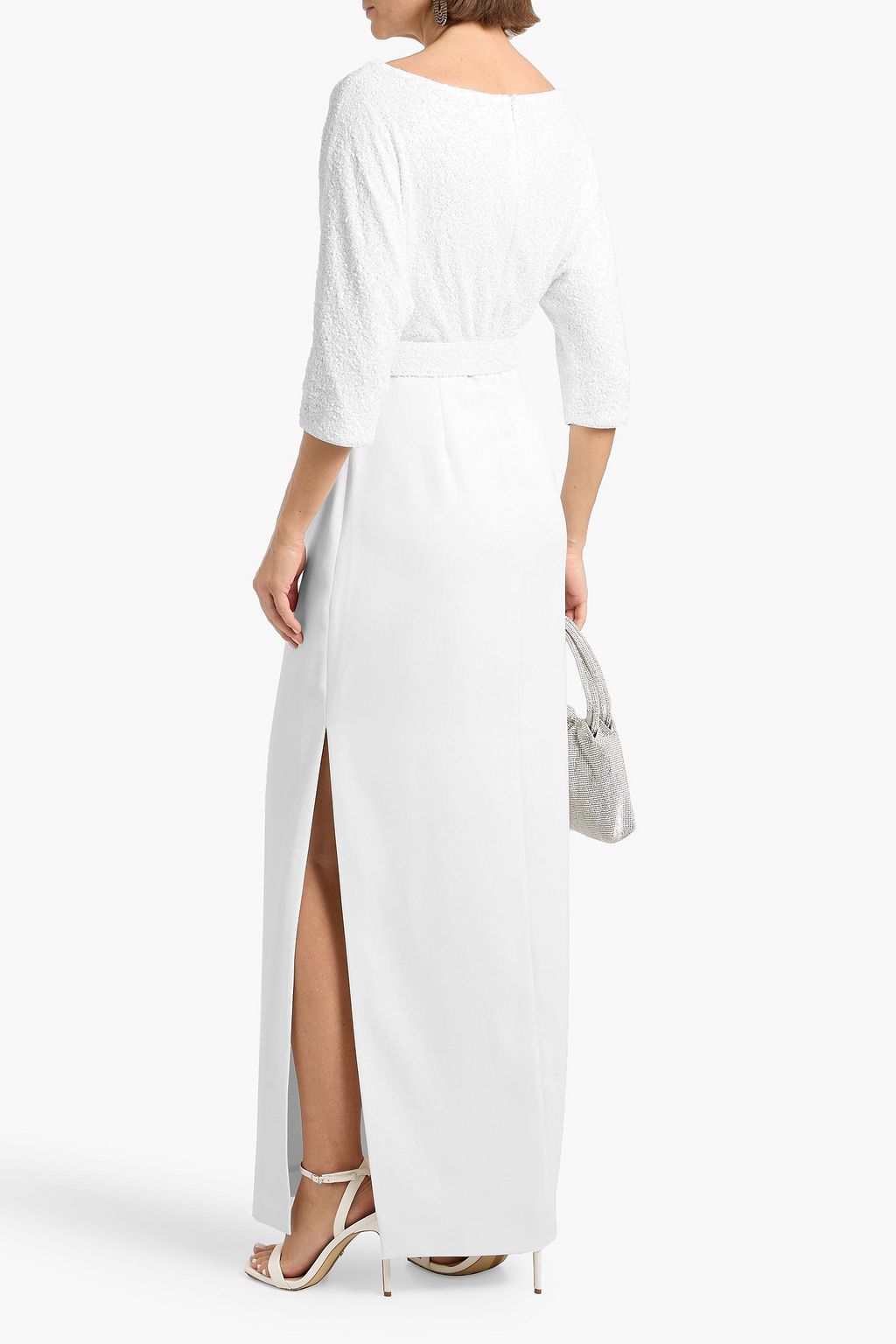 badgley mischka white sequin dress Badgley Mischka Collection Sequin One-Shoulder Fringe Toga Dress