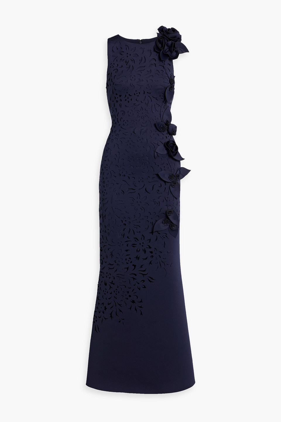 badgley mischka - appliquéd laser-cut scuba gown - blue - us 0
