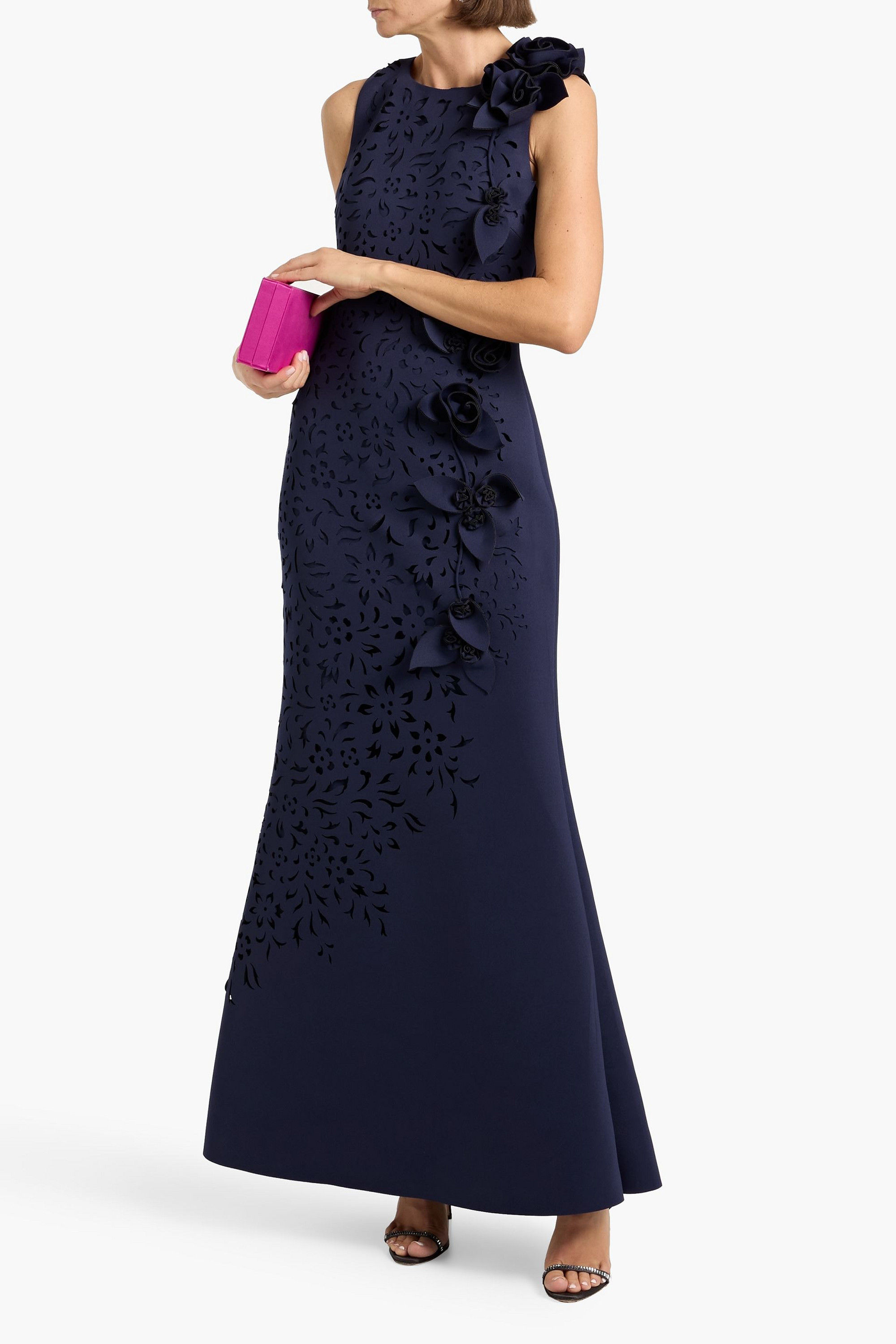 Badgley Mischka Appliquéd laser-cut scuba gown
