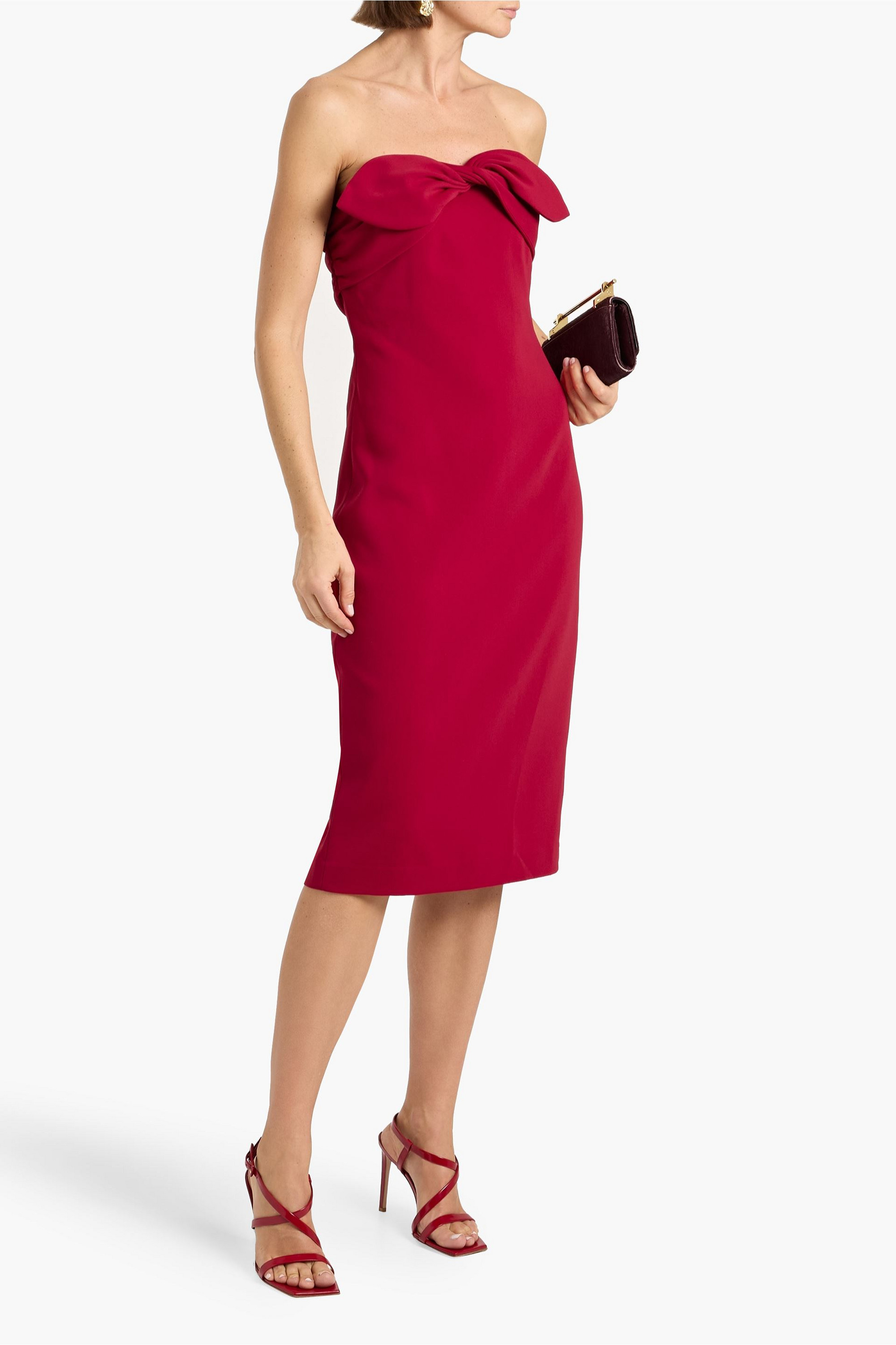 Badgley Mischka Strapless twisted crepe midi dress