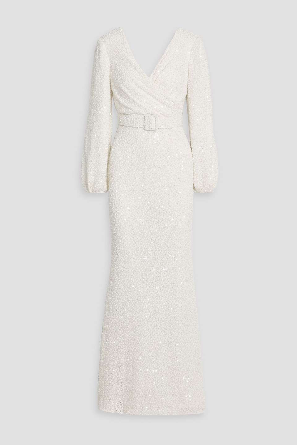 badgley mischka - wrap-effect sequin-embellished bouclé gown - white - us 0