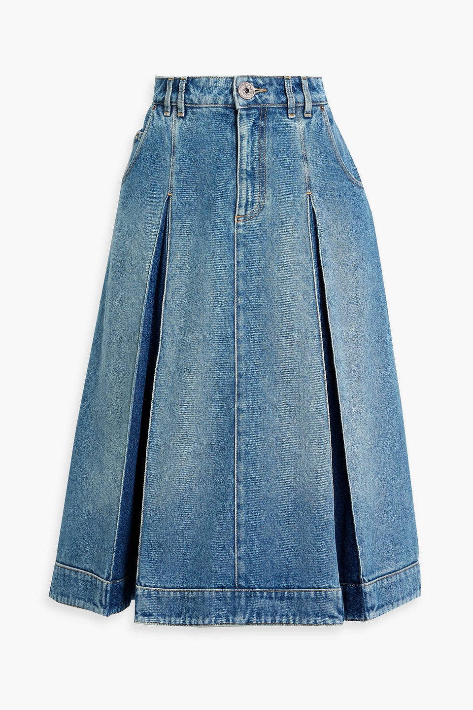 Balmain Pleated Denim Midi Skirt In Blue