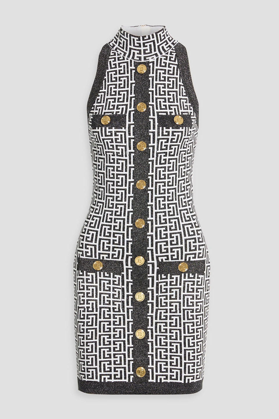 Balmain Embellished Metallic Jacquard-knit Mini Dress In Black