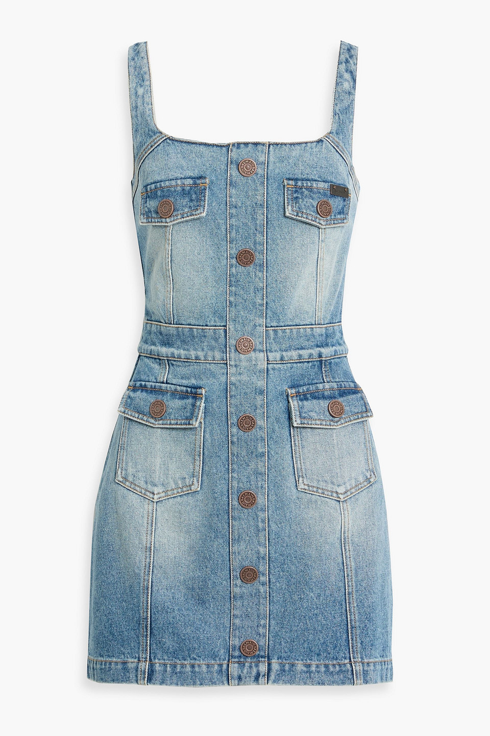Balmain Embellished Faded Denim Mini Dress In Blue