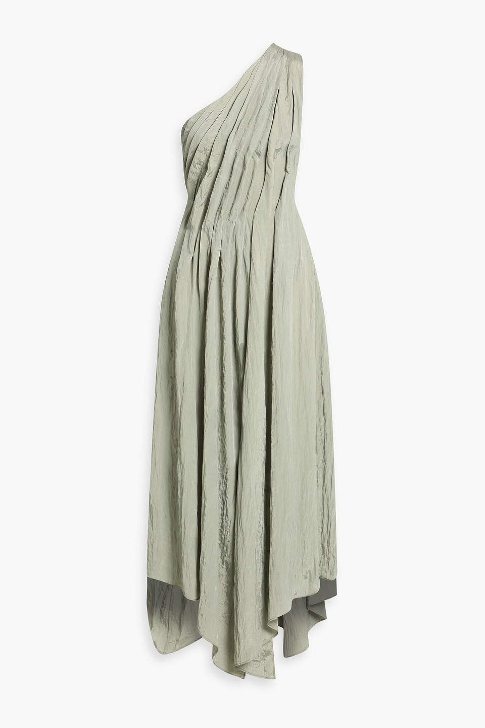 Abadia Sylvie One-shoulder Pleated Crinkled-satin Maxi Dress In Green