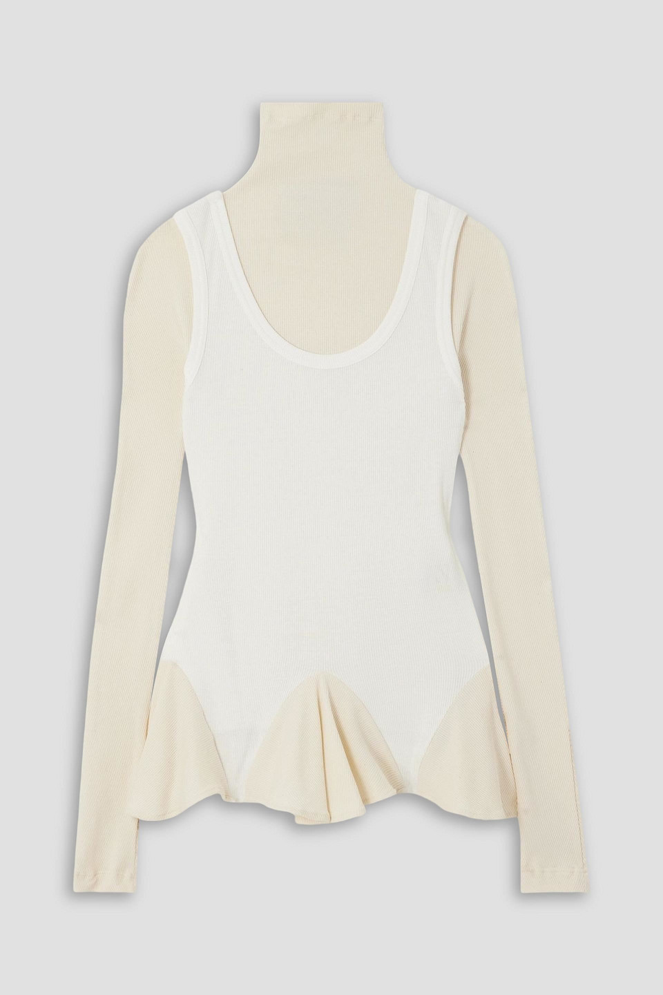 Conner Ives Layered Ribbed Cotton Turtleneck Top In Neutral